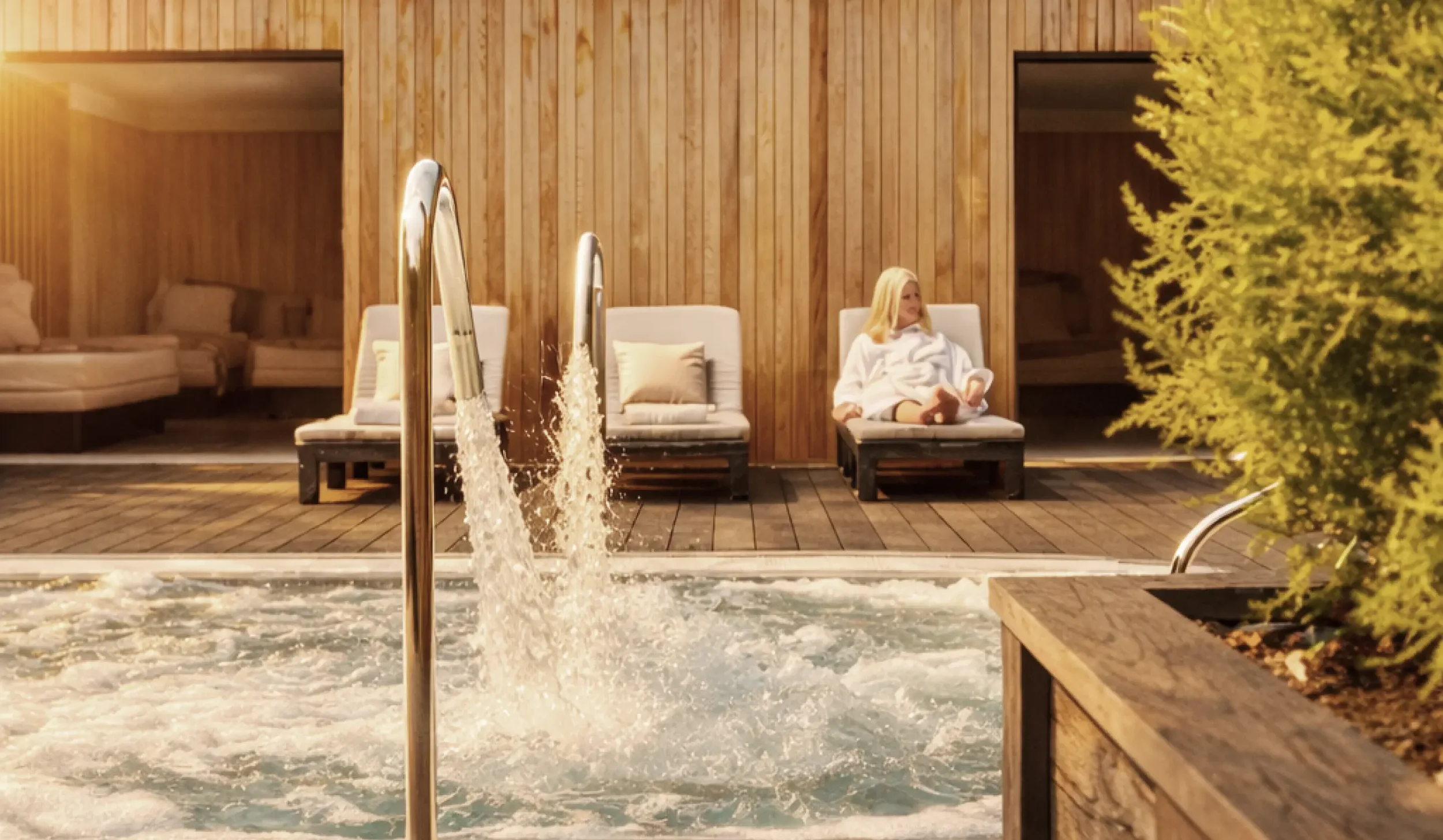 Outdoor hydrotherapy pool and relaxation pods at Champneys Forest Mere
