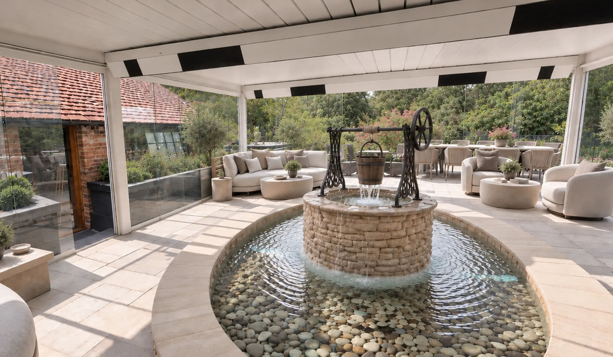 Refurbished salvaged well transformed into a cold-water Kneipp feature, with relaxation seating and countryside views beyond.