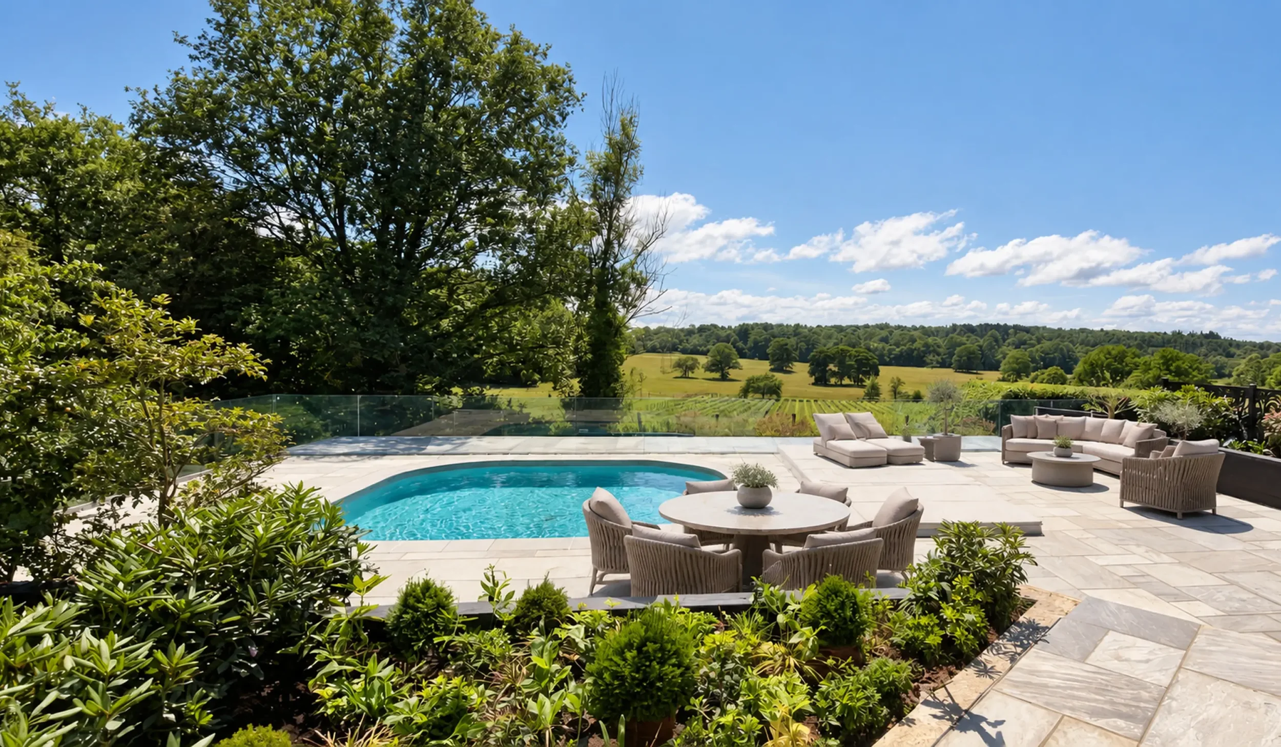 Outdoor pool and social space overlooking the Hampshire countryside, designed for guests to relax together.