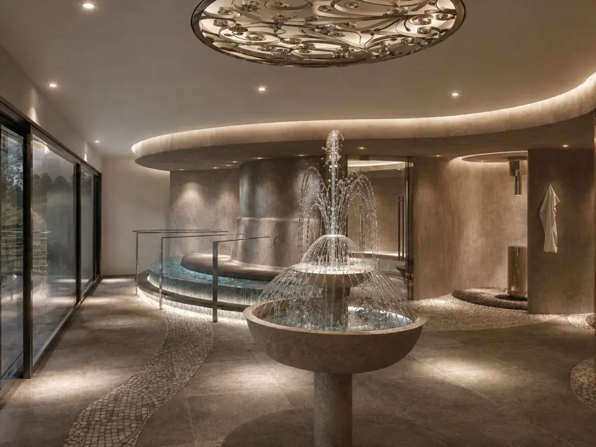 Thermal suite at Champneys Henlow featuring hydrotherapy and sensory water experiences.