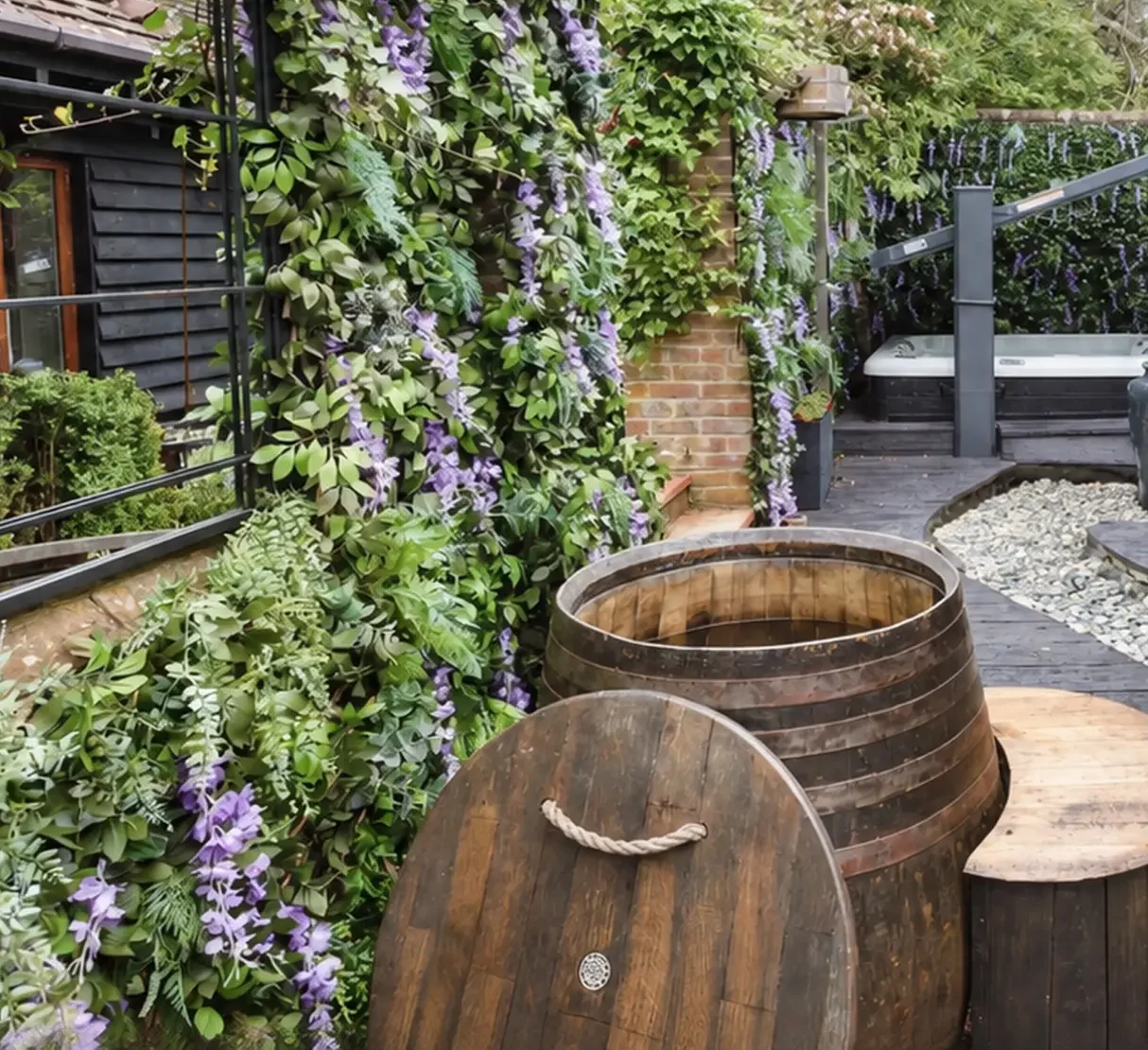 Wine barrel cold plunge referencing Quob Park’s vineyard setting