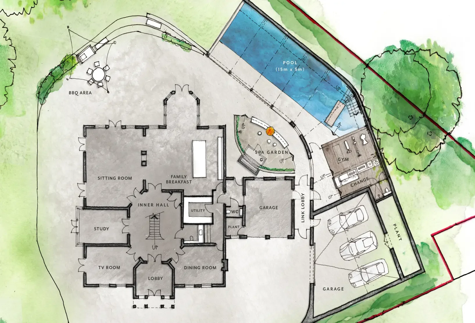 Residential pool and wellness masterplan showing the house, 15-metre swimming pool, gym and changing facilities, landscaped garden and concealed car parking.