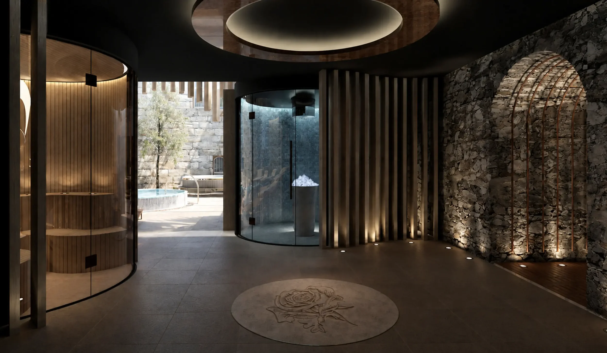 Dromoland Castle thermal suite concept with original stone walls, timber sauna and steam experiences in an atmospheric setting.