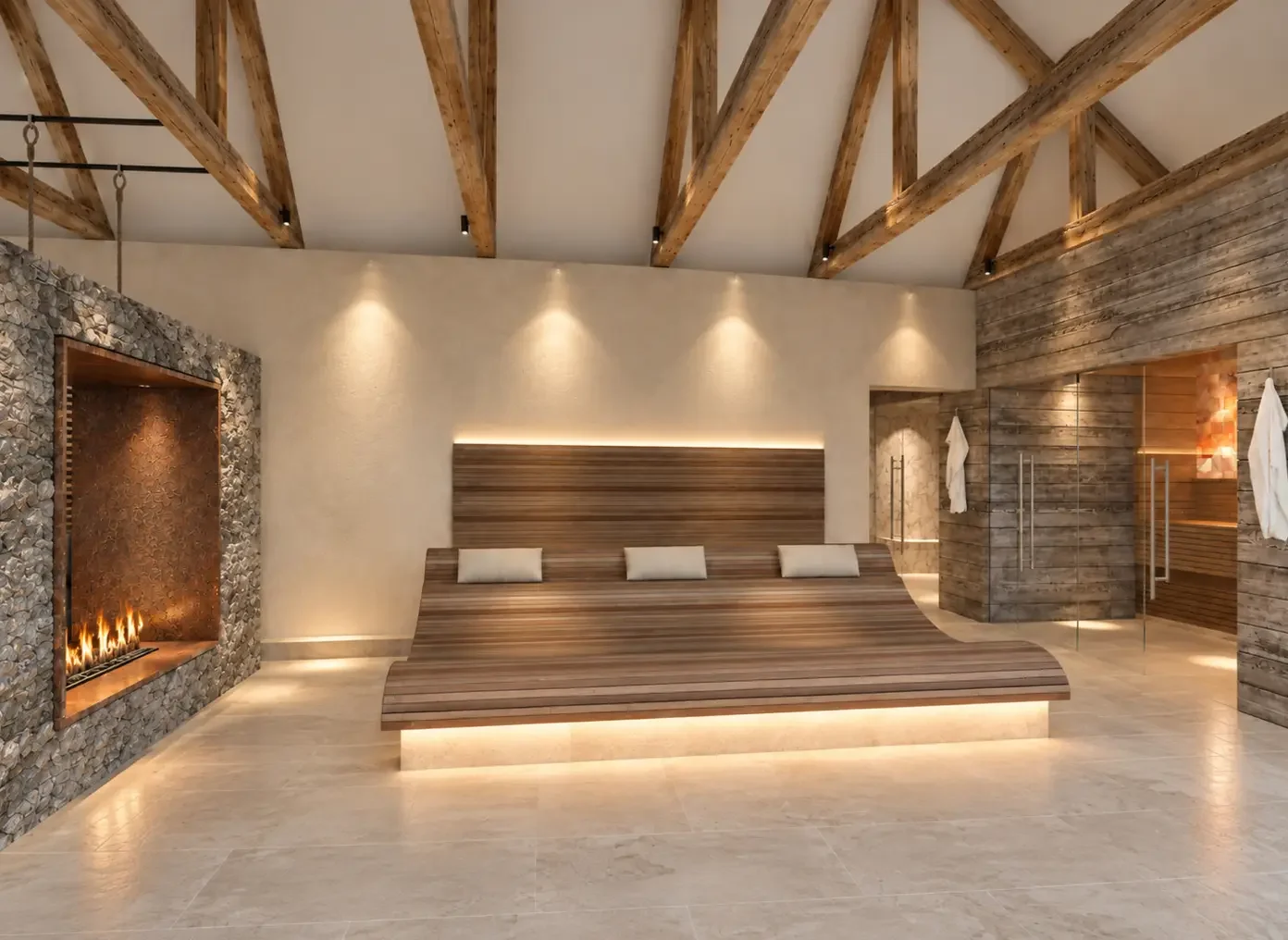 Concept visual of the proposed Barn Spa thermal suite with tiered timber seating and natural materials.