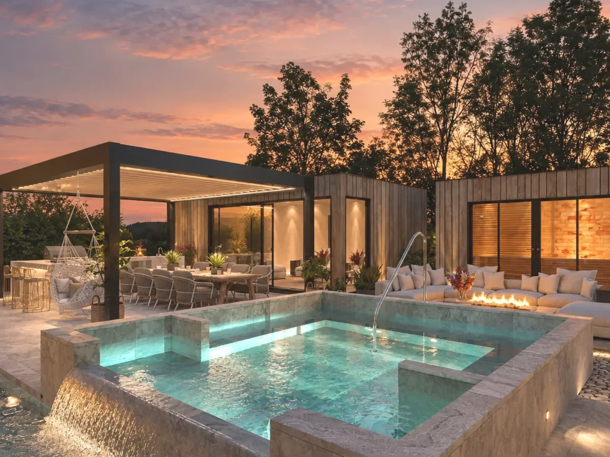 Private residential spa garden at dusk with illuminated hydrotherapy pool and outdoor entertaining space.