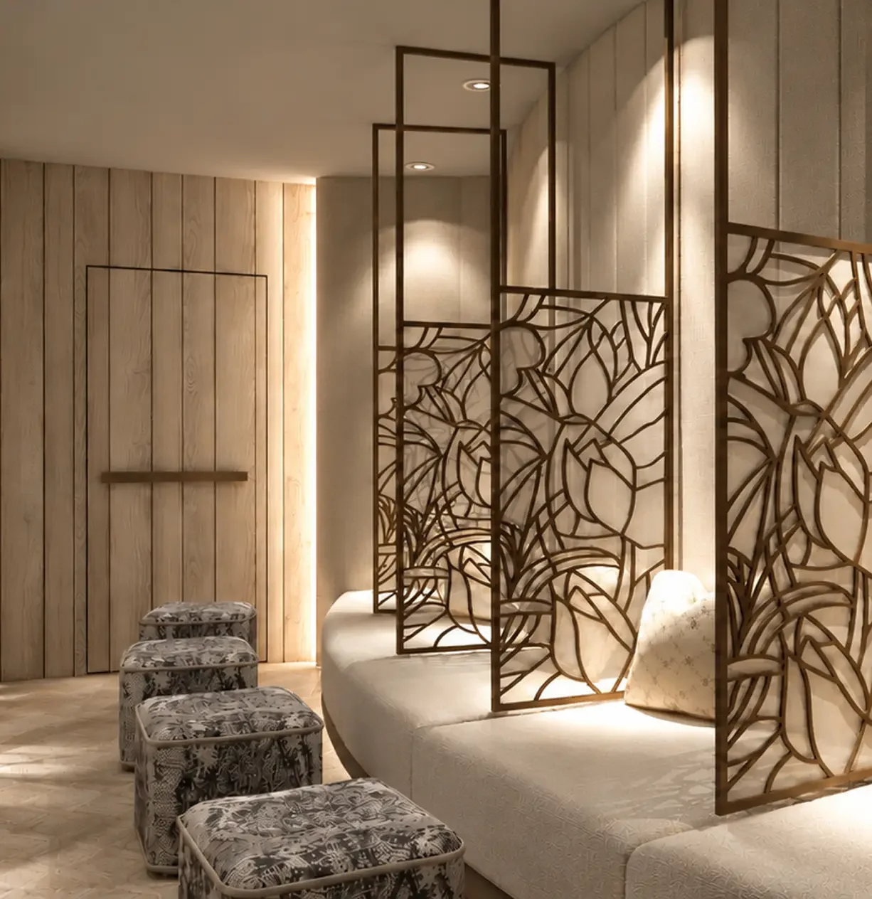 Spa relaxation suite concept at Champneys Springs with curved upholstered seating, decorative botanical screens, soft lighting and natural timber finishes.