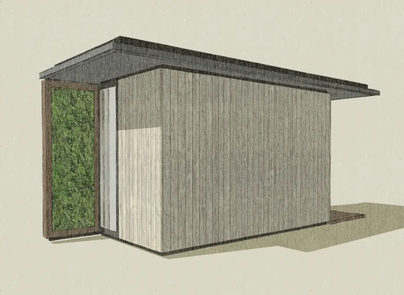 Concept design for a private timber treatment pod with a planted living wall in the Barn Spa garden.
