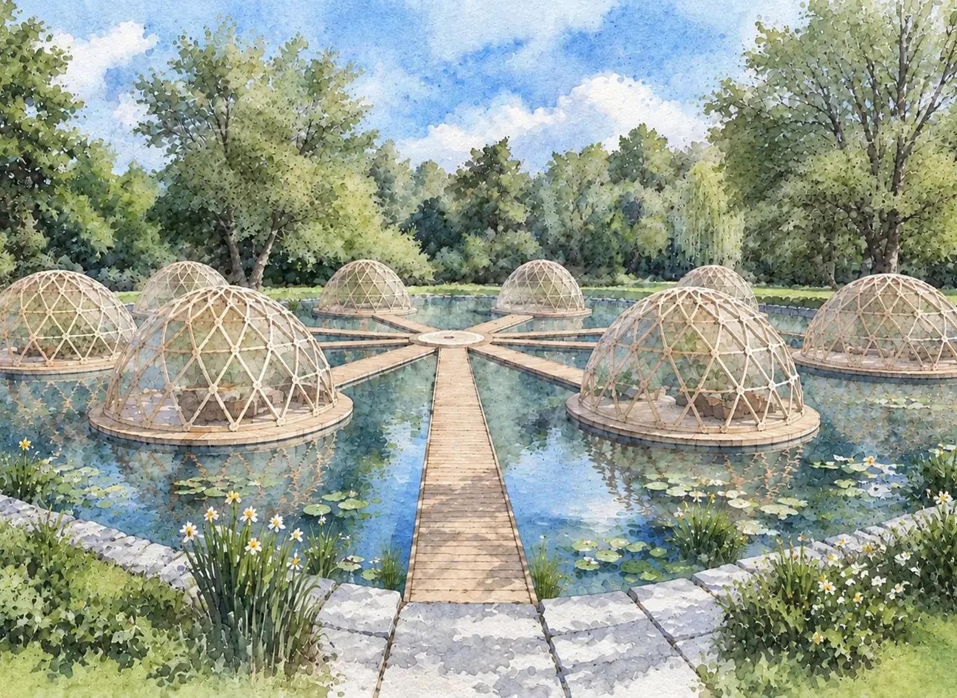 Concept visualisation of individual wellness pods positioned within the historic Lily Pond at Dromoland Castle.