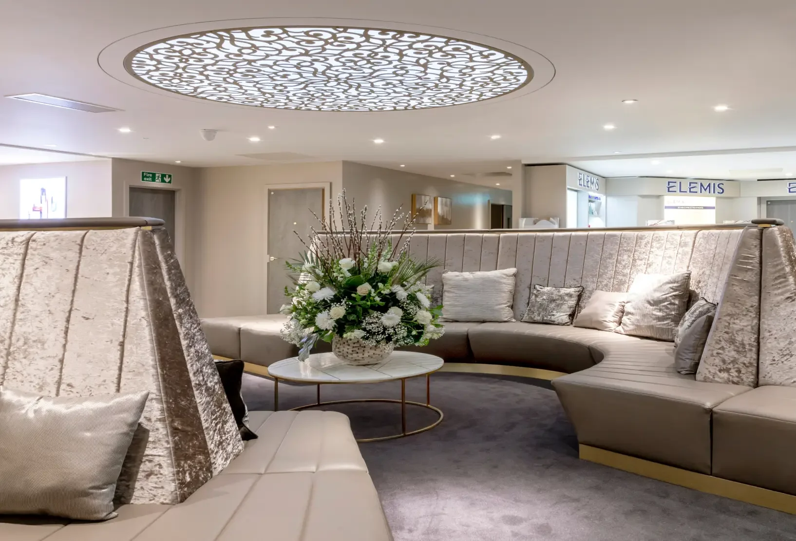 Curved relaxation bespoke banquette seating within the spa at Champneys Henlow.