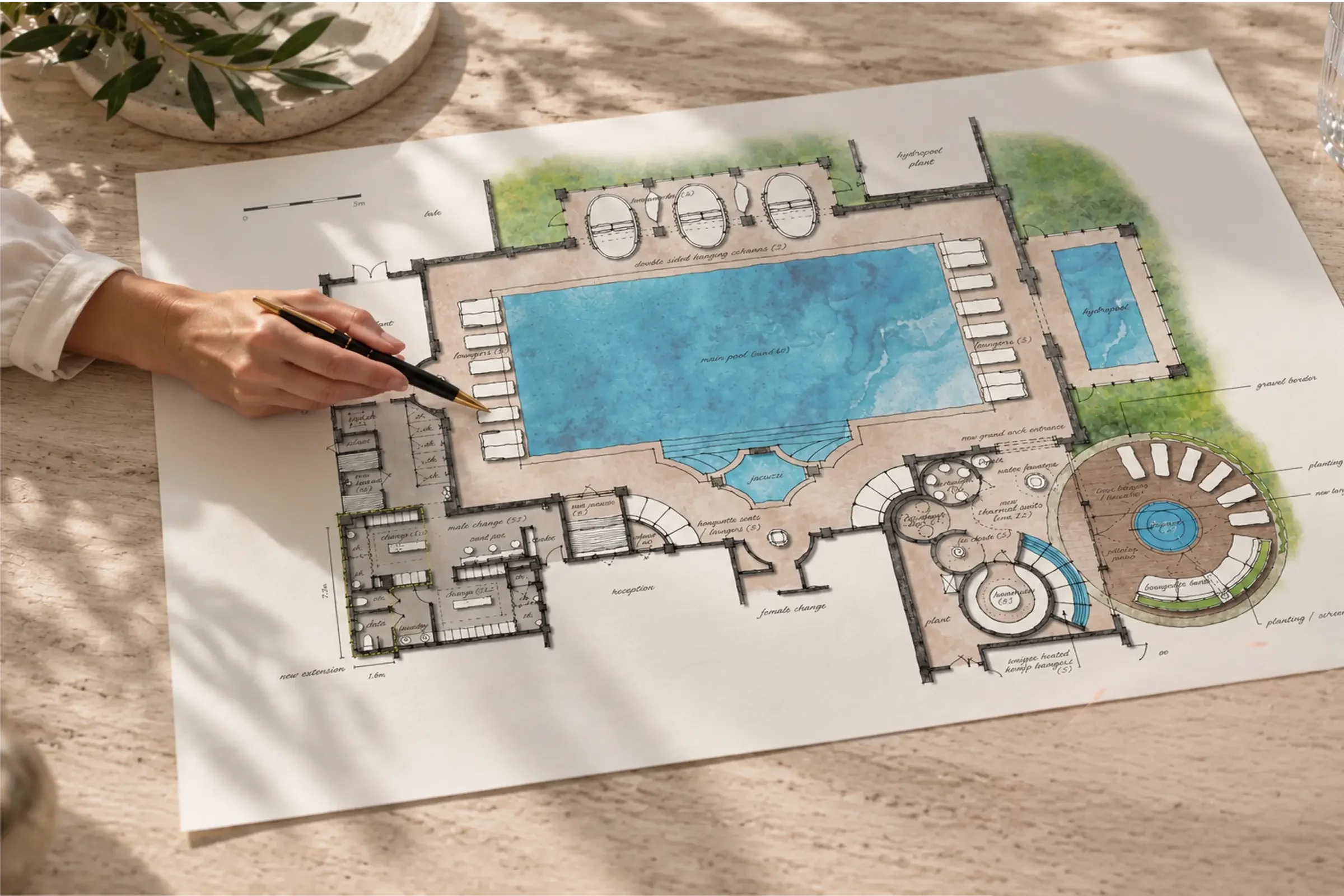 A person holds a pen over a detailed spa plan of Champneys Henlow showing early-stage planning at Butterscotch Design
