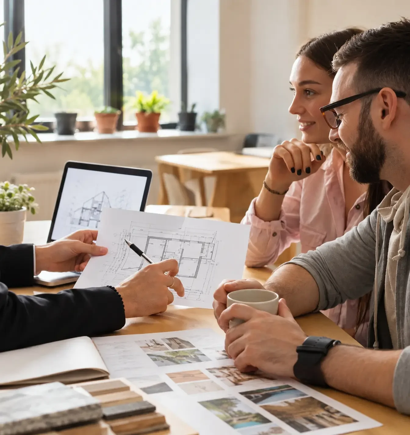 Two people reviewing architectural plans at spa consultancy stage at Butterscotch Design in a bright room with potted plants and large windows.