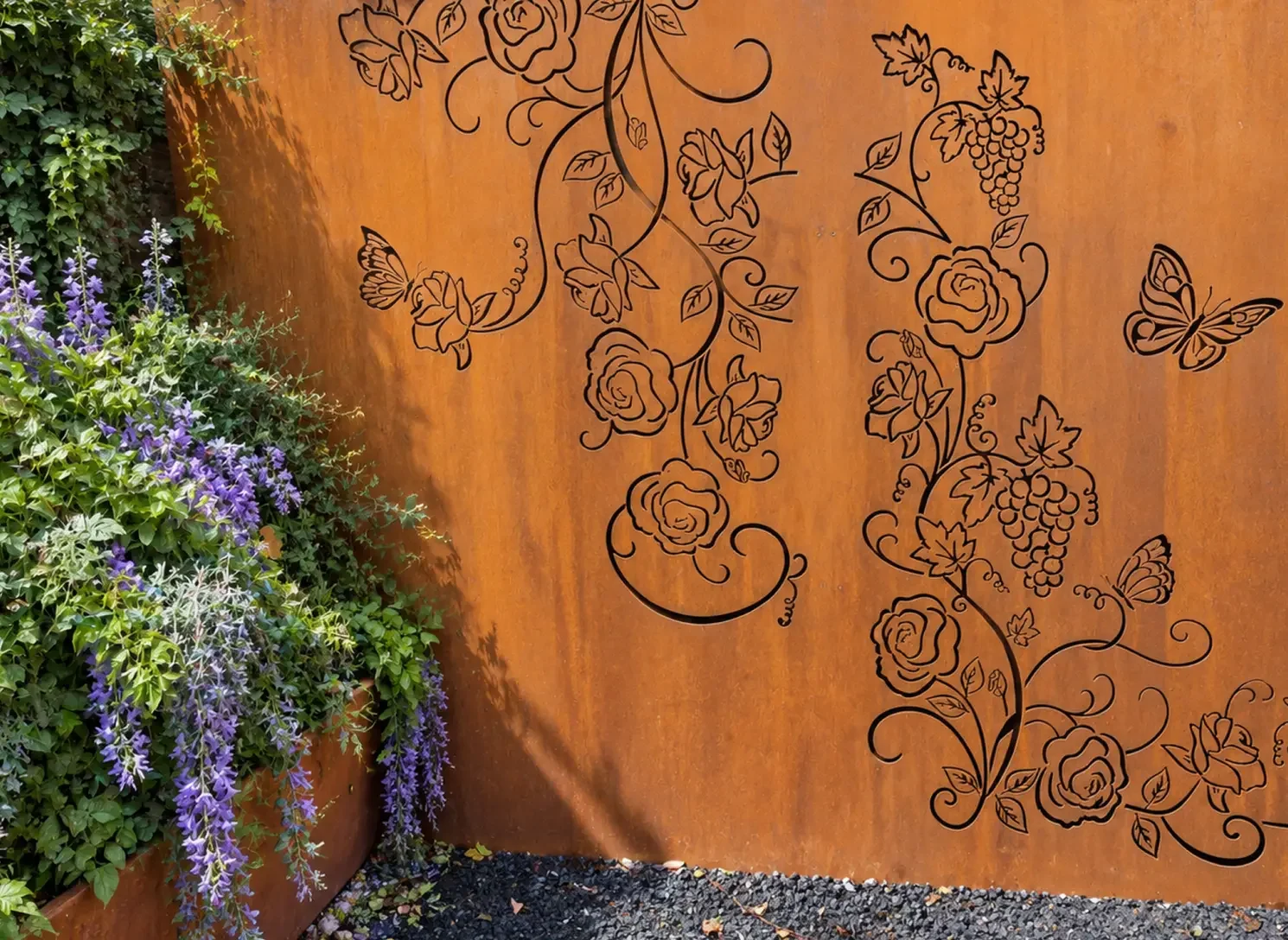 Detail of the bespoke botanical laser-cut Corten screen commissioned for Rose Spa