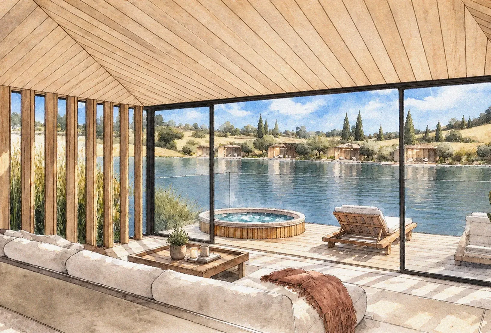 Watercolour concept of a private treatment and relaxation cabana for hire at Silverlake, with a hot tub overlooking the lake.