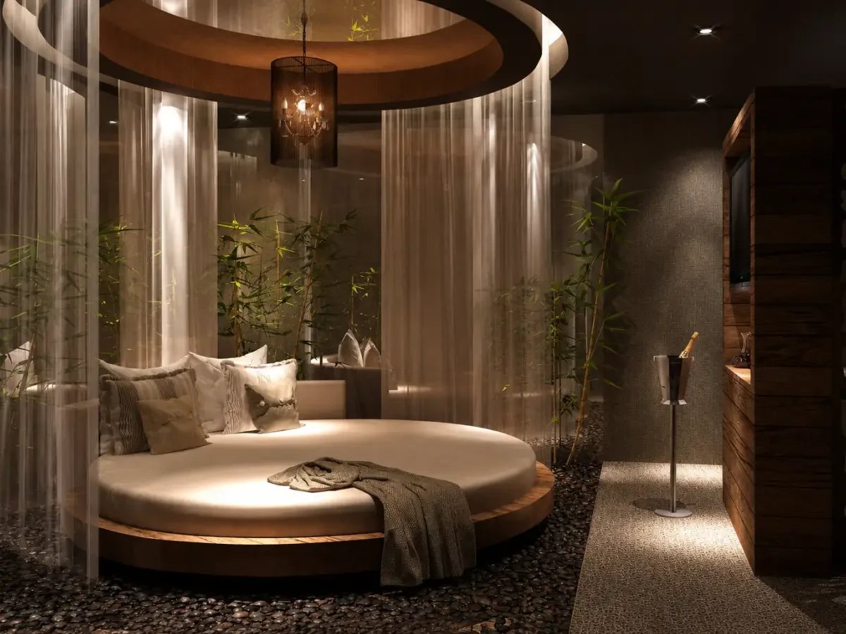 Circular relaxation pod at Champneys Springs, designed as a quiet space for rest within the spa.