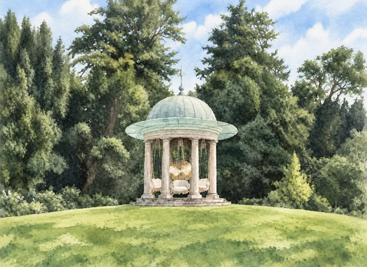 Watercolour concept visualisation of the Temple of Mercury as a sound healing destination at Dromoland Castle.