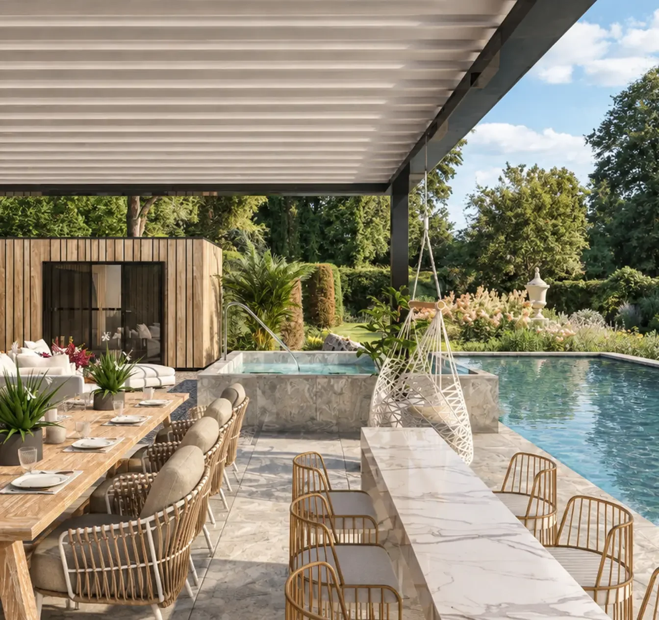 Concept visualisation on an outdoor entertaining area next to the pool and spa garden at a luxury private residential dwelling