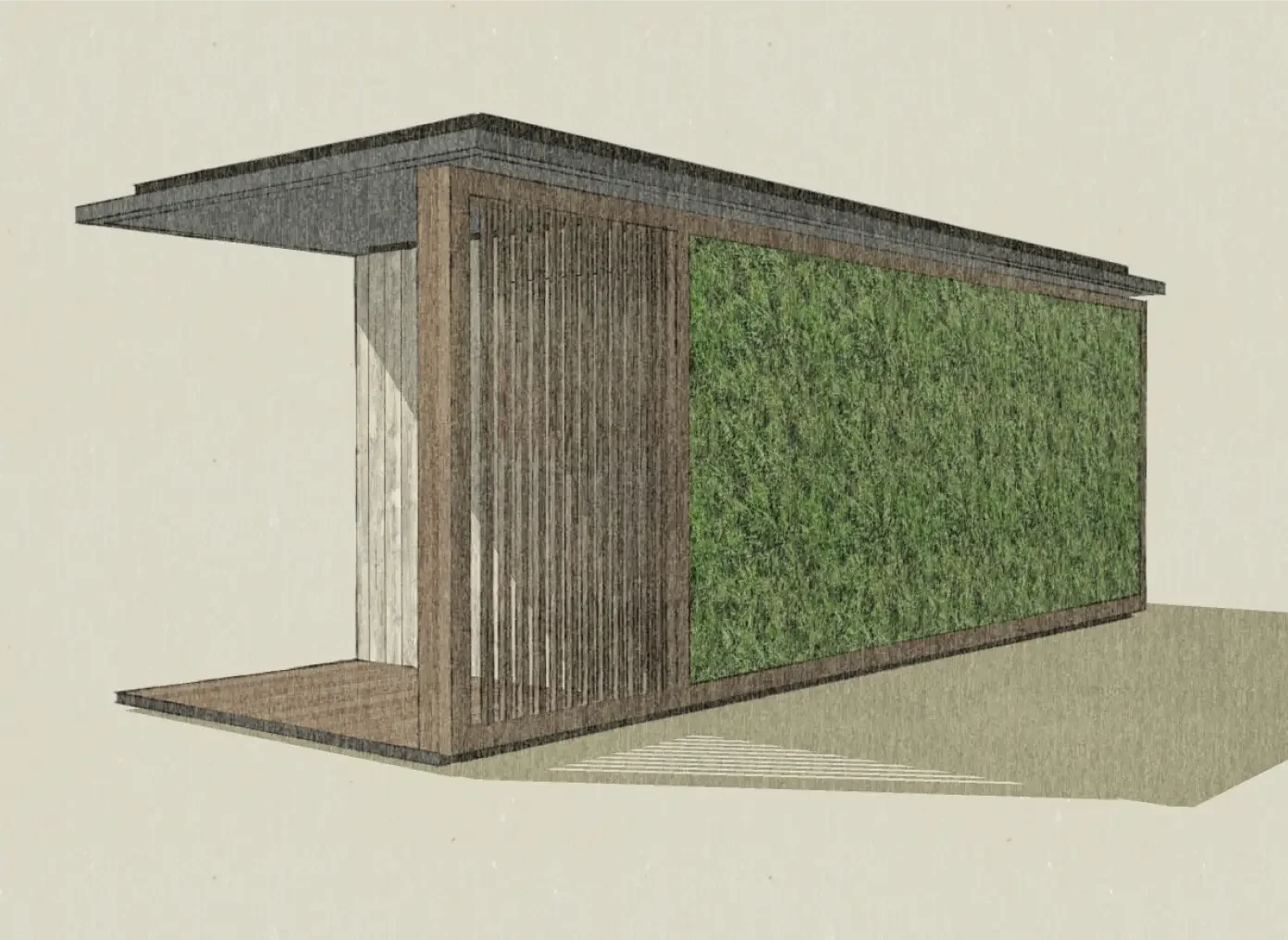 Rear view of a modular timber treatment pod proposed for the Lower Mill Estate Barn Spa.