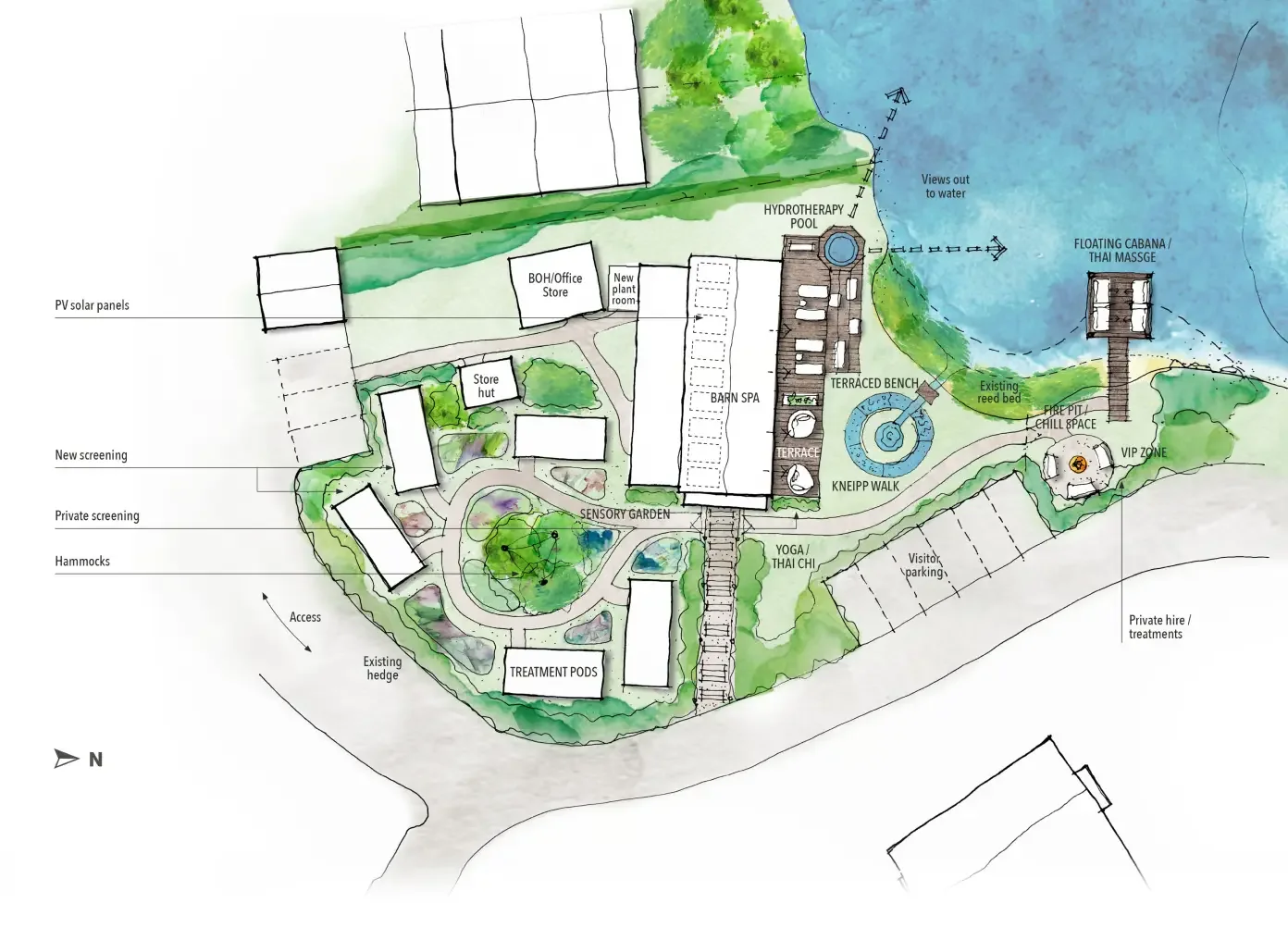Concept plan showing the proposed Barn Spa, treatment pods, spa garden and lakeside wellness spaces.