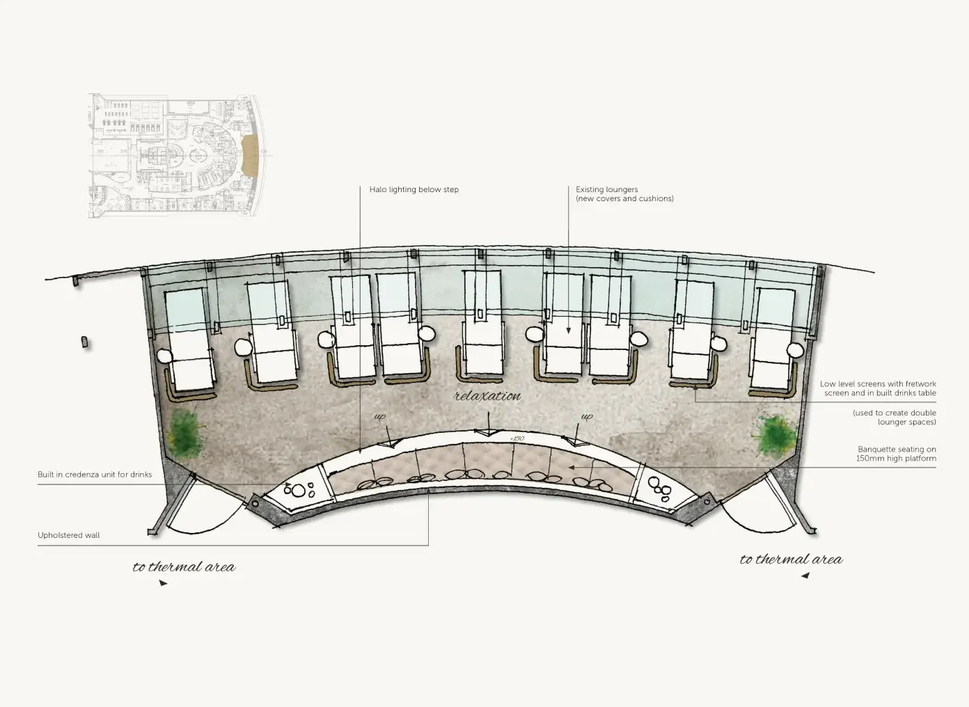 Detailed plan of the deep relaxation room with individual and double relaxation loungers arranged around the curved space.