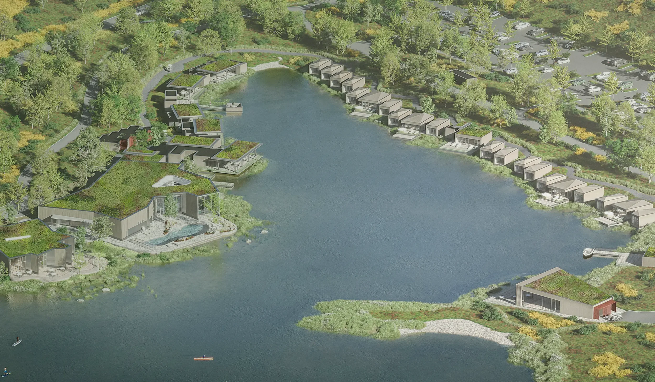 Aerial masterplan showing the proposed spa and wellness facilities within Silverlake’s lakeside setting in Dorset.