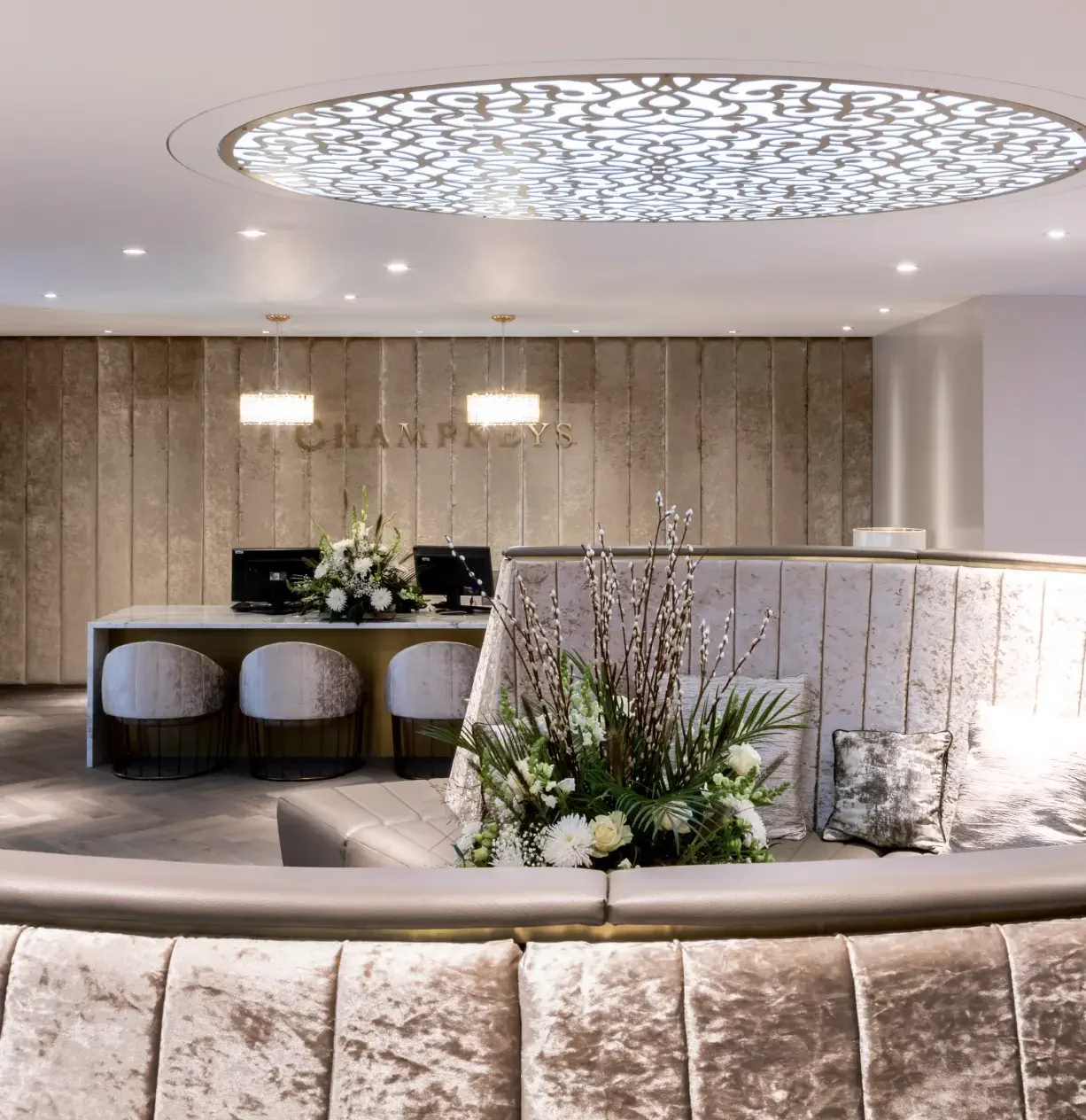 Treatment relaxation space at Champneys Henlow with bespoke laser-cut brass roof light