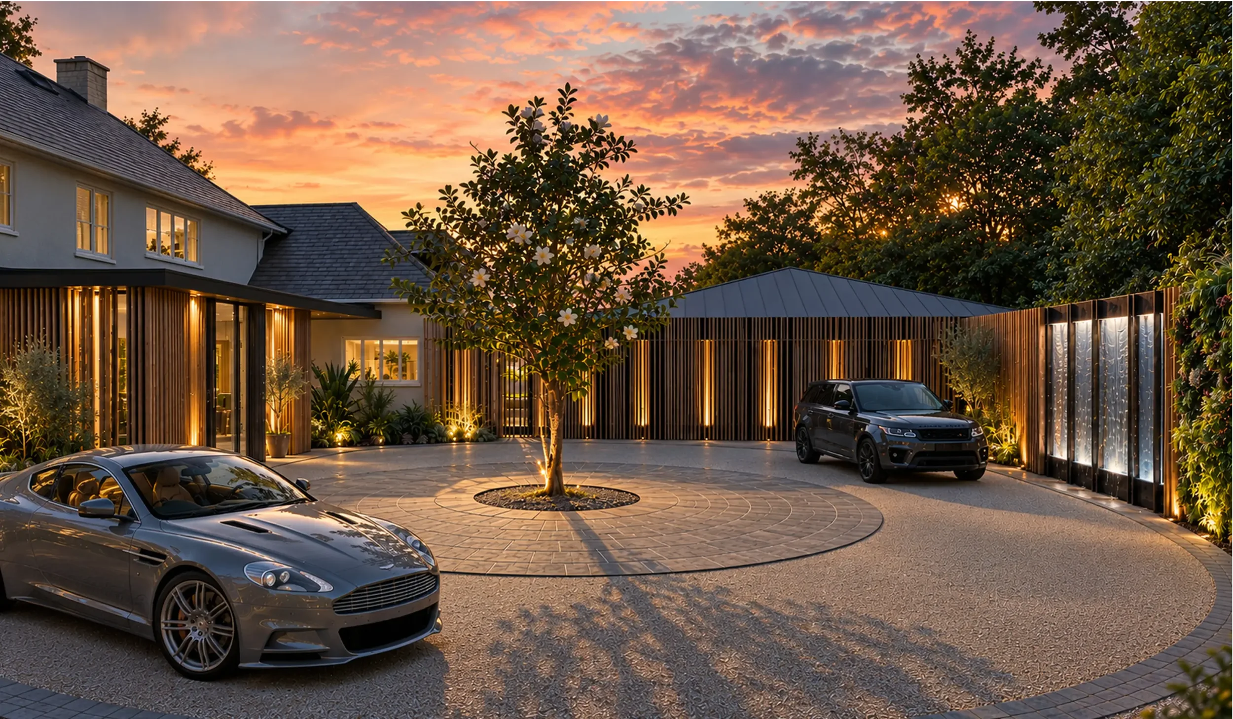 Architectural visualisation of a luxury New Forest residence with landscaped entrance courtyard, contemporary water feature, green wall and warm architectural lighting.