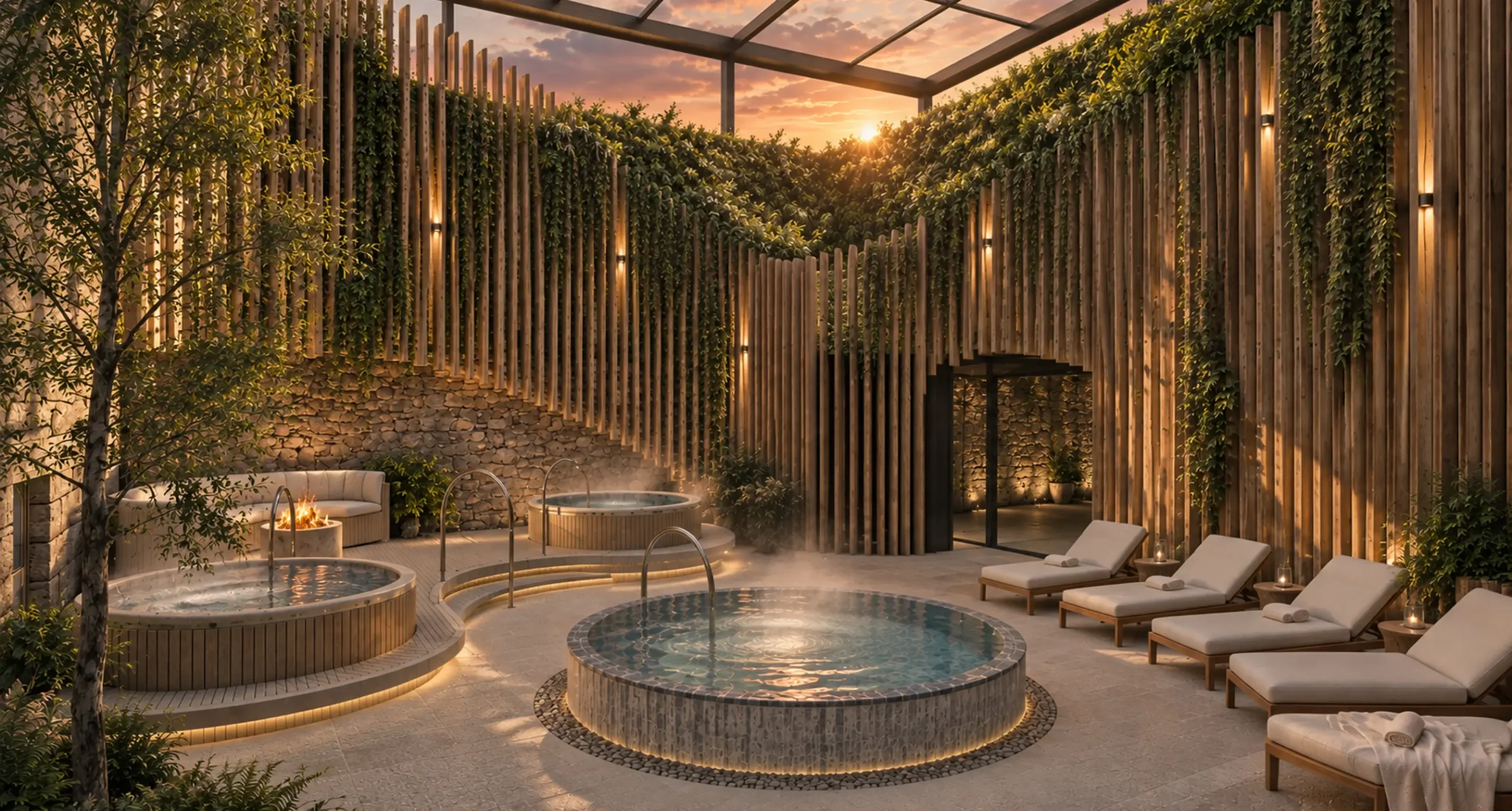 Evening visualisation of the proposed Dromoland Castle courtyard thermal spa garden