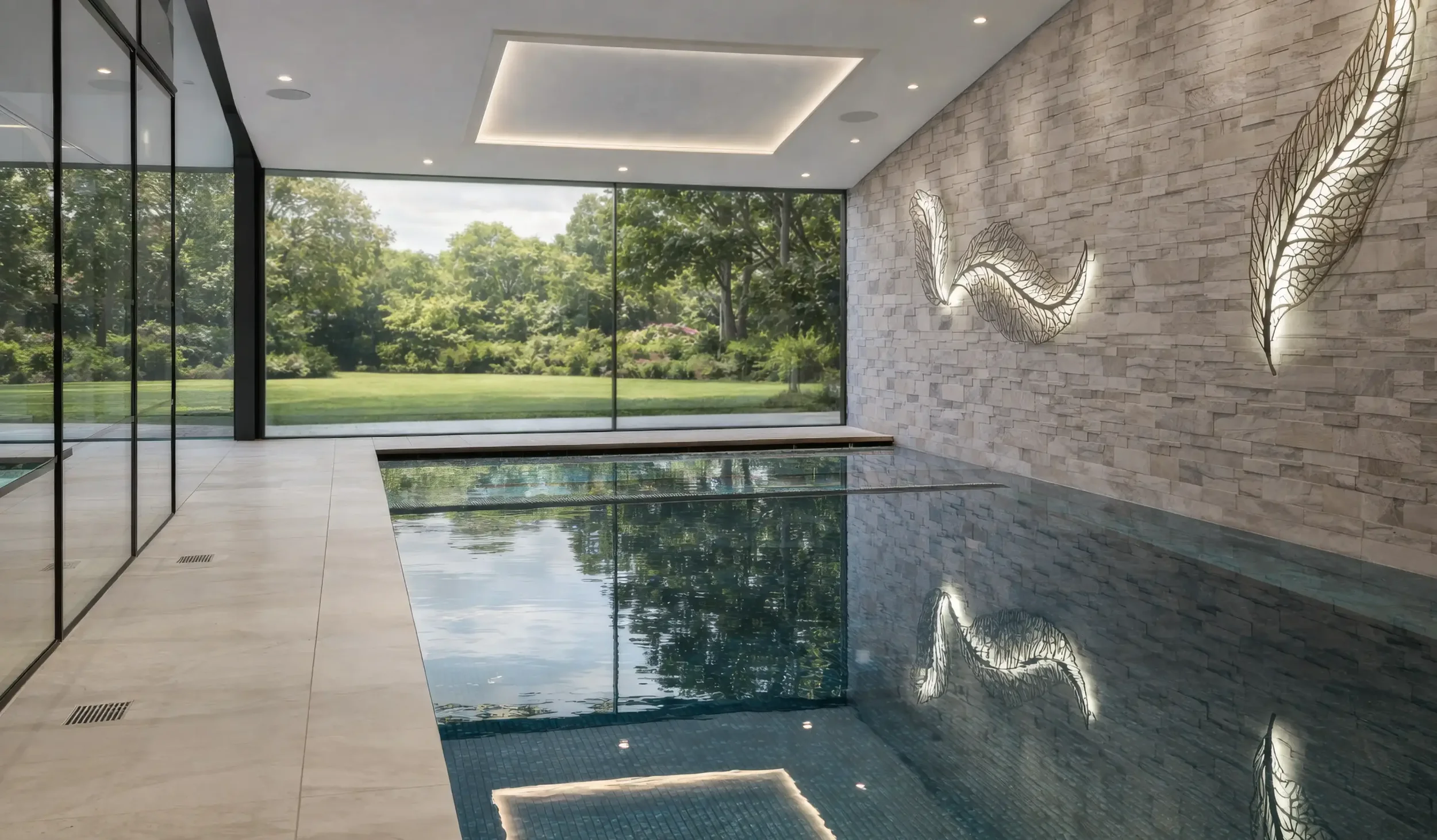 14-metre indoor swimming pool in a luxury New Forest residence, with natural stone feature wall, illuminated artwork and floor-to-ceiling glazing overlooking the gardens.