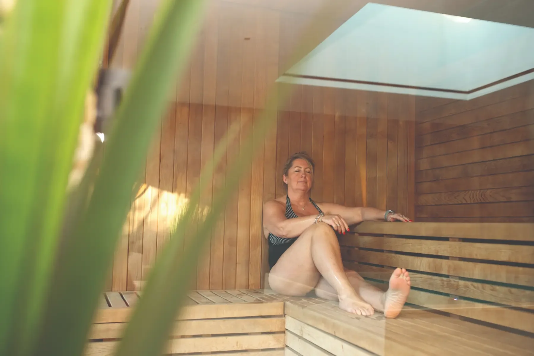 Herbal sauna at Homefield Grange with natural timber interior and overhead skylight.