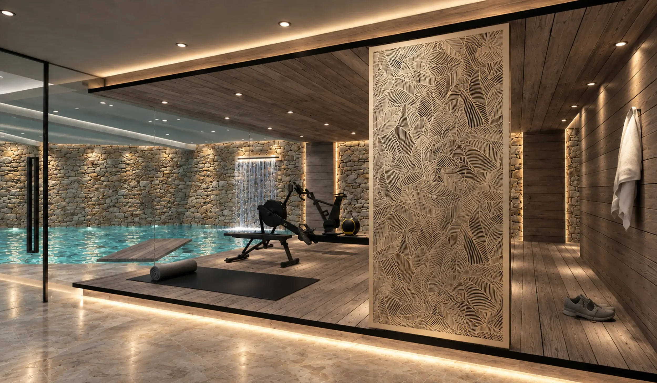 Private home gym and changing area overlooking the swimming pool, with warm timber, natural stone and integrated lighting.