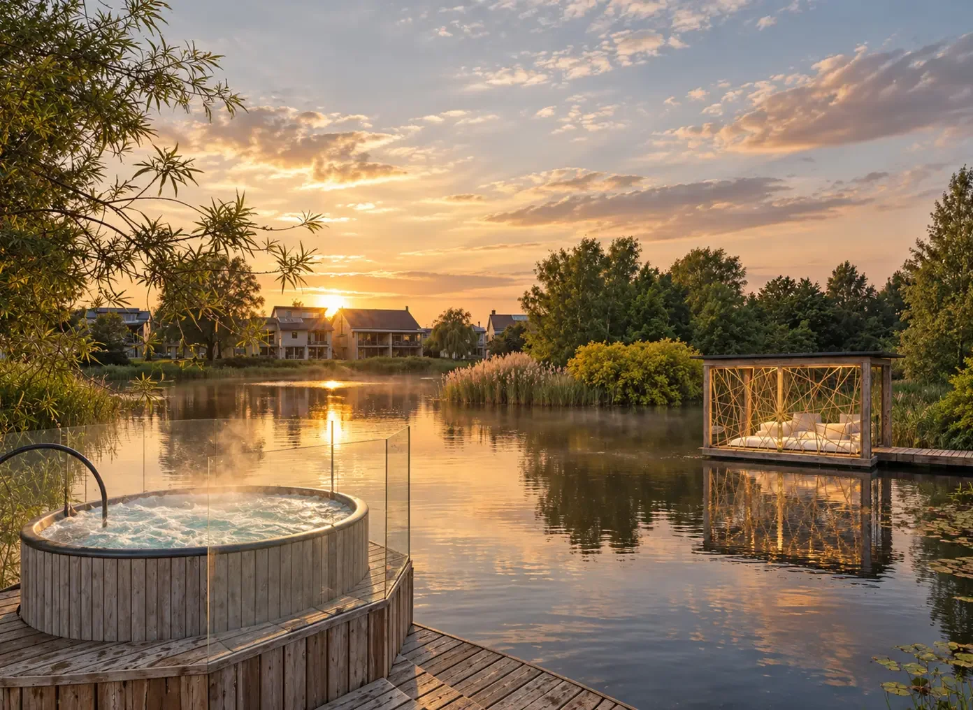 Concept visual of The Nest, a floating lakeside treatment cabana extending the Barn Spa experience onto the water.