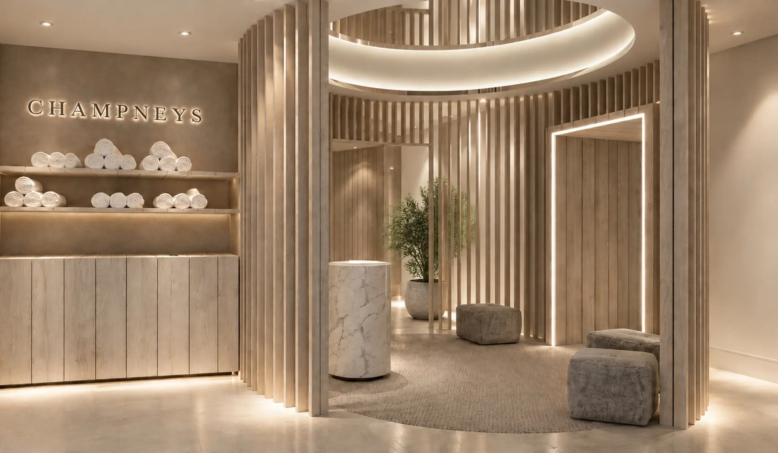 Champneys Springs spa reception concept featuring a circular timber-slatted entrance, illuminated ceiling feature and bespoke towel display.