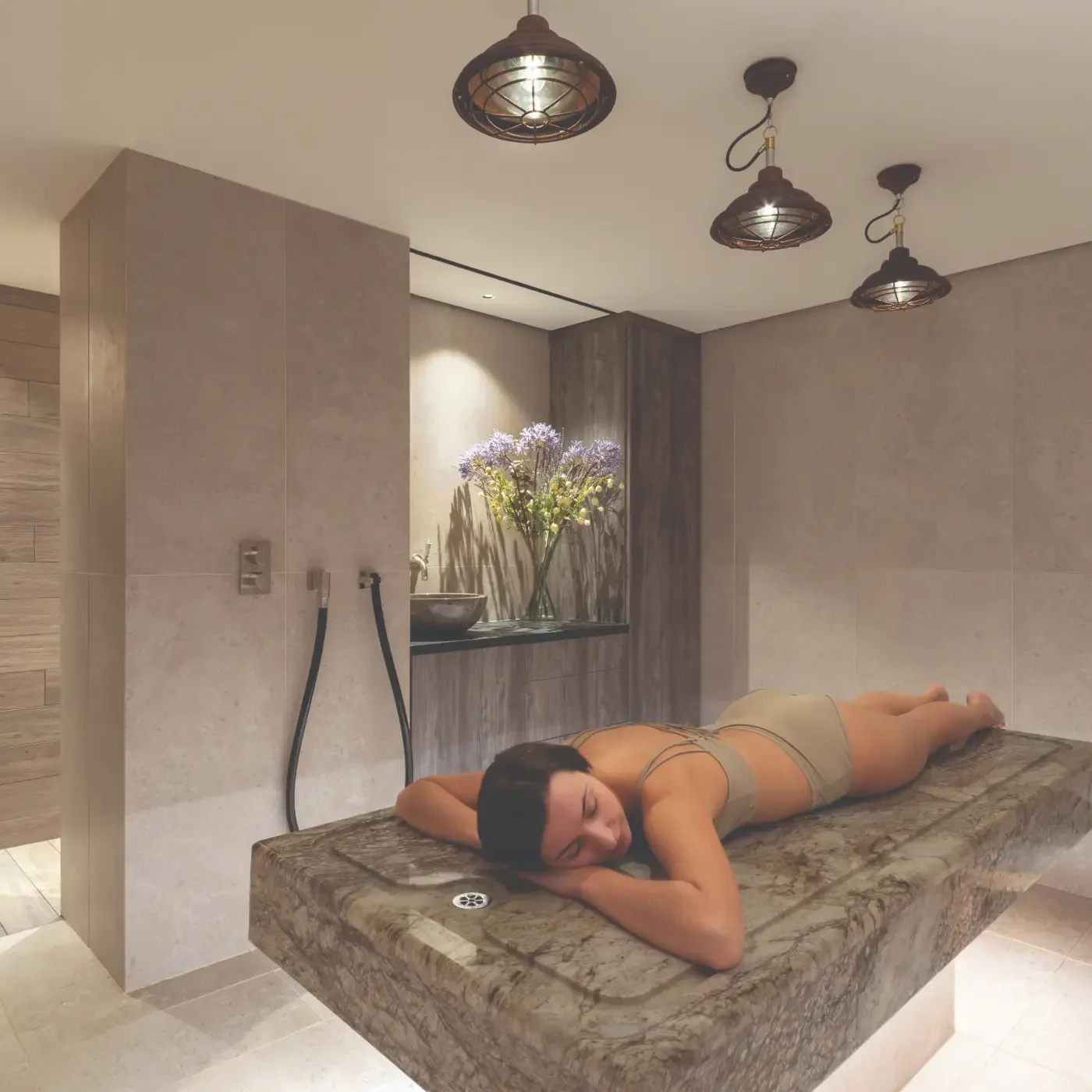 Hammam treatment room at Homefield Grange with a traditional Charcot pressure-jet shower.