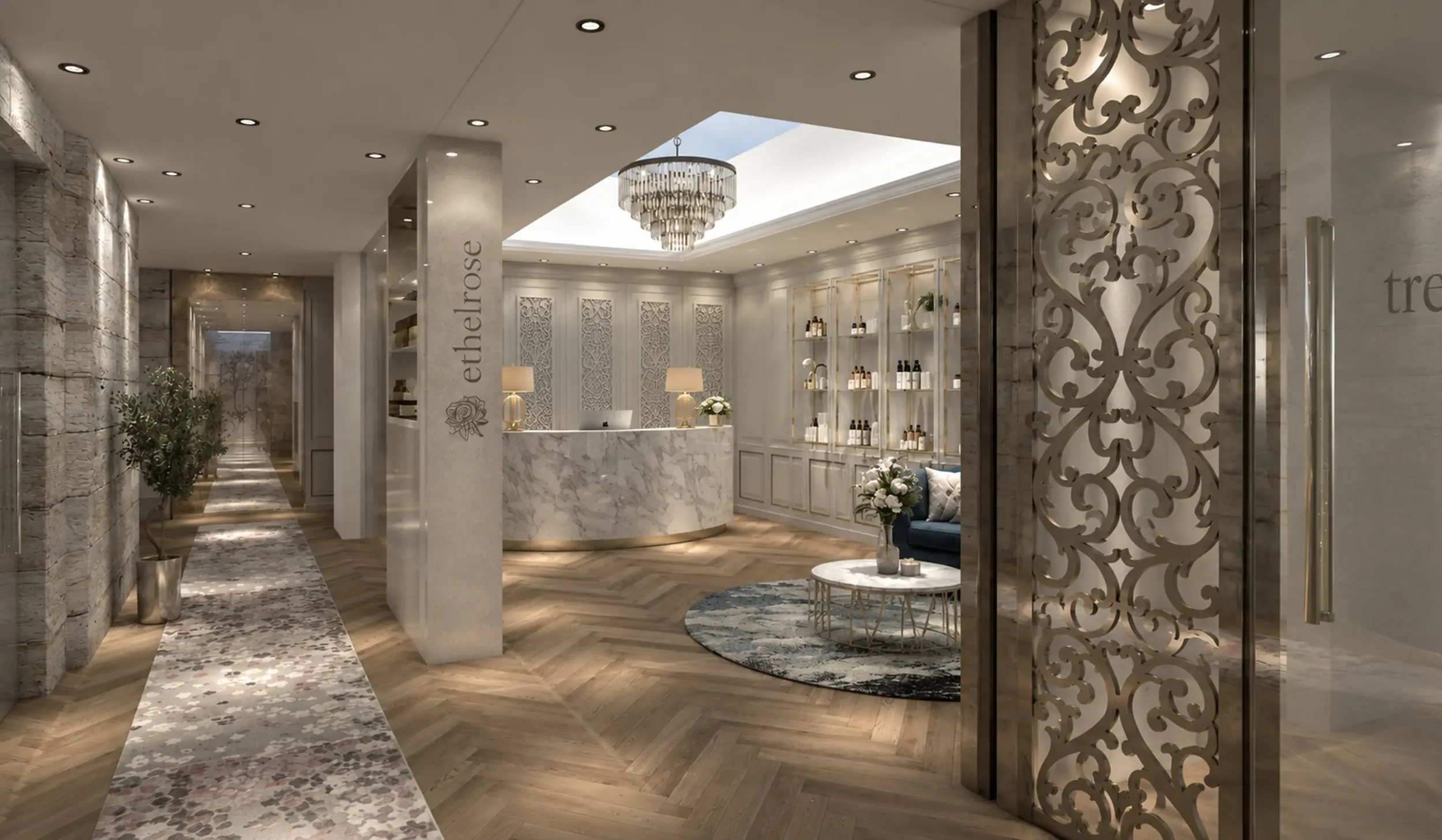 Concept visualisation of the Dromoland Castle spa reception, waiting and retail space