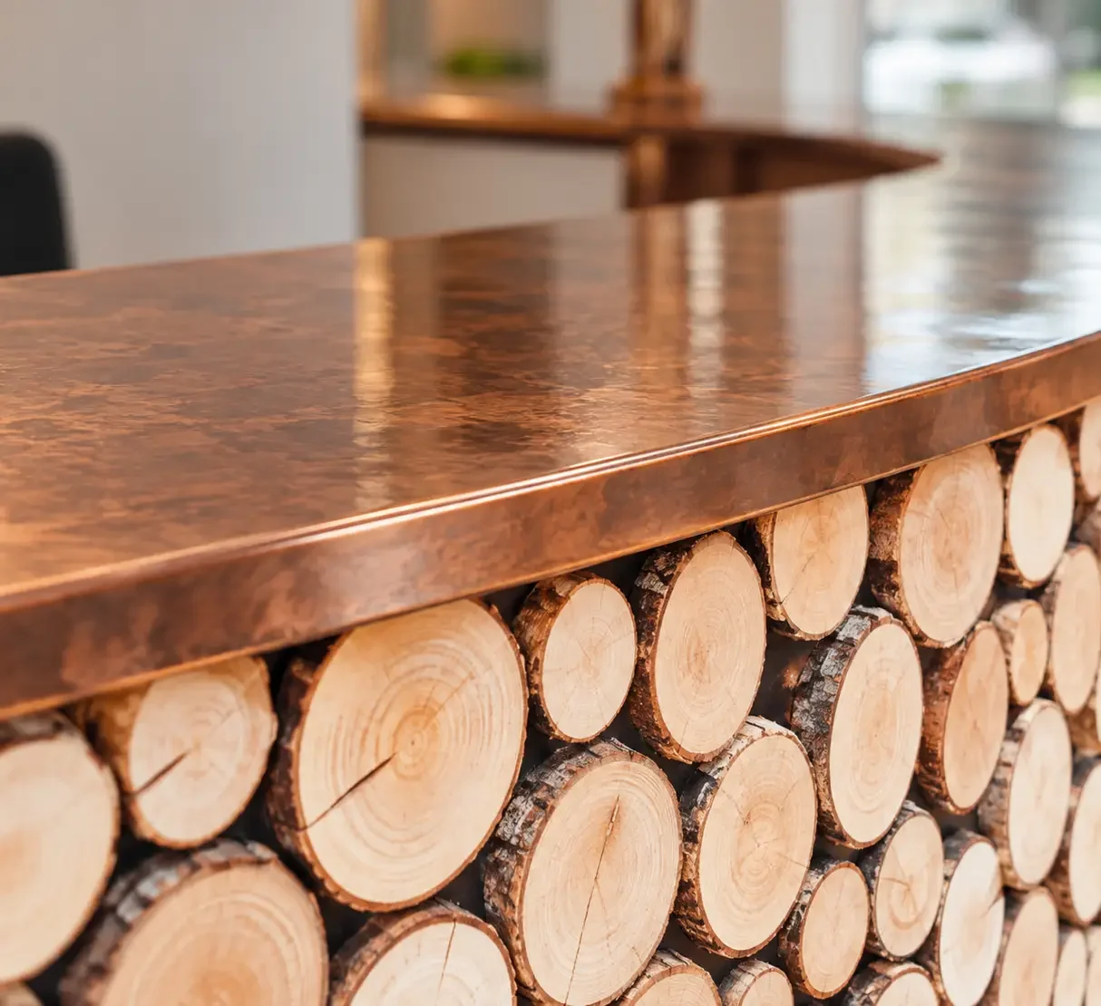 Detail of the bespoke reception desk combining locally inspired timber and a copper countertop.