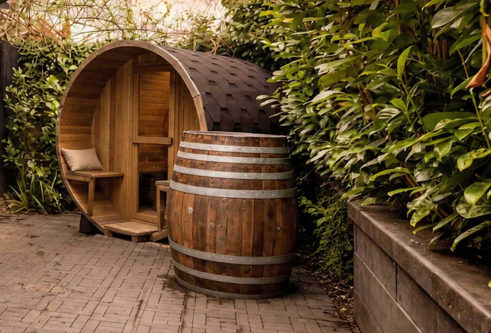Barrel sauna and cold plunge integrated into the Rose Spa garden