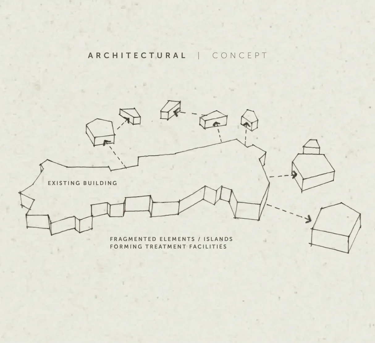 Early architectural sketches exploring individual treatment and wellness buildings within the Silverlake landscape.