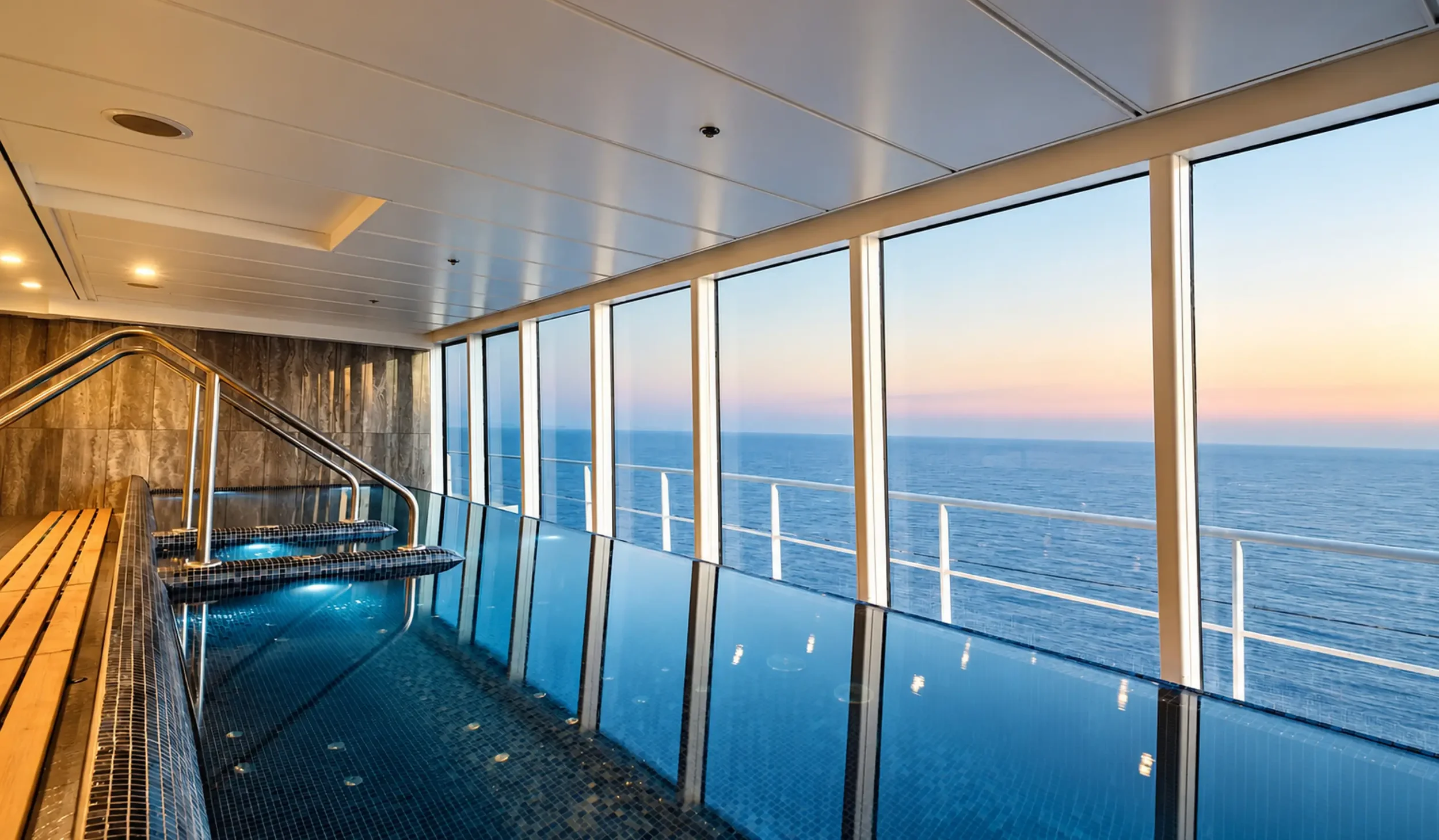 Bespoke hydrotherapy pool with integrated water jets and views out across the sea.