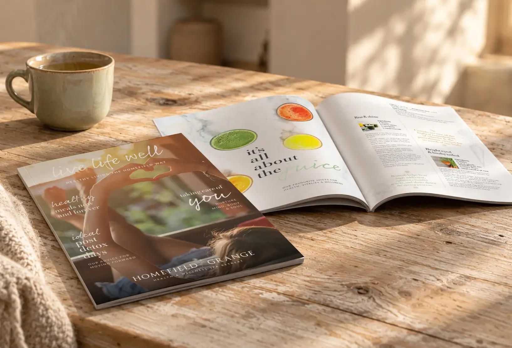 Homefield Grange branded wellness magazine, designed as part of the retreat’s cohesive visual identity.