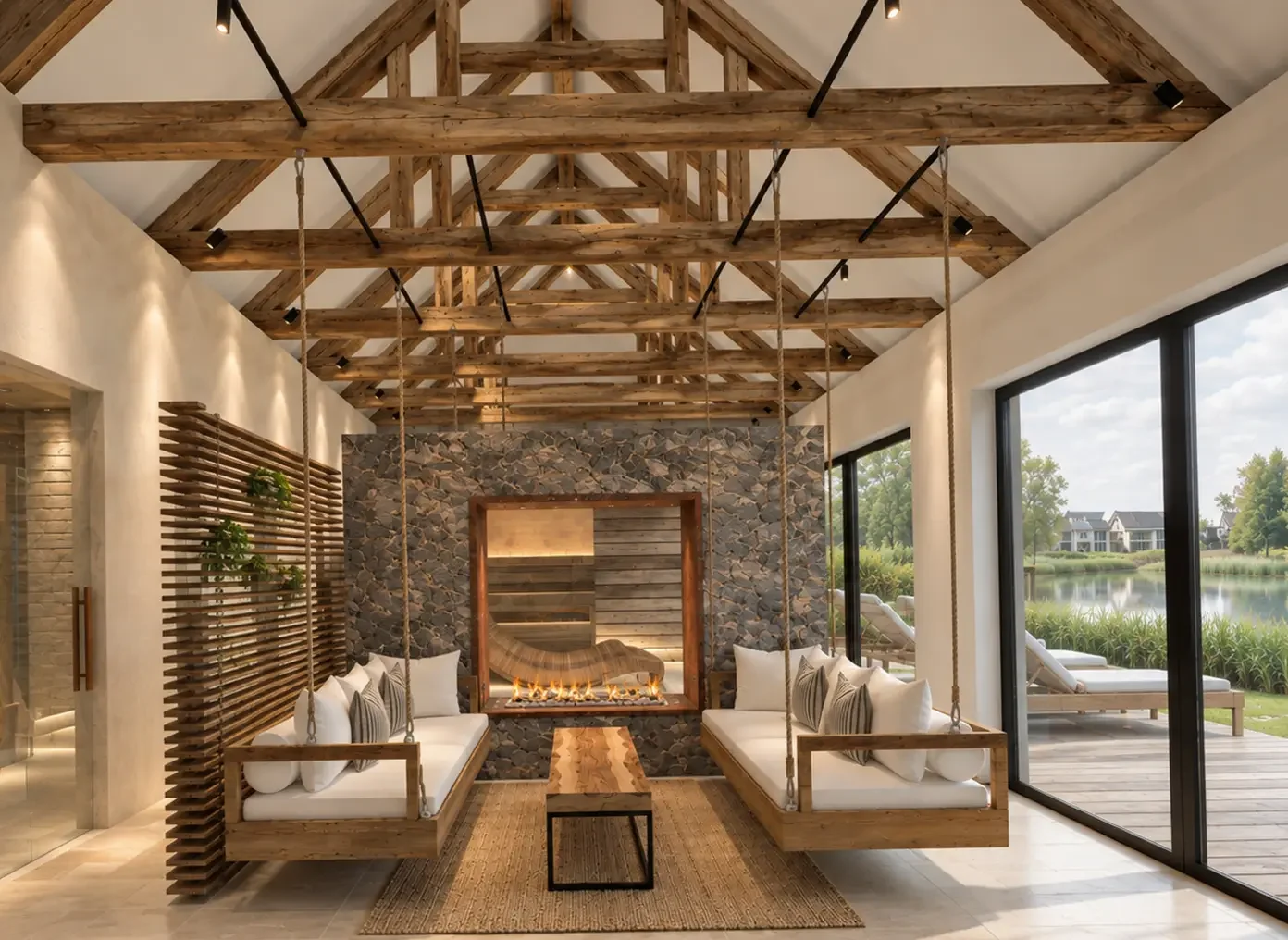 Concept visual of the Barn Spa relaxation space with exposed timber structure, natural stone and views to the landscape.