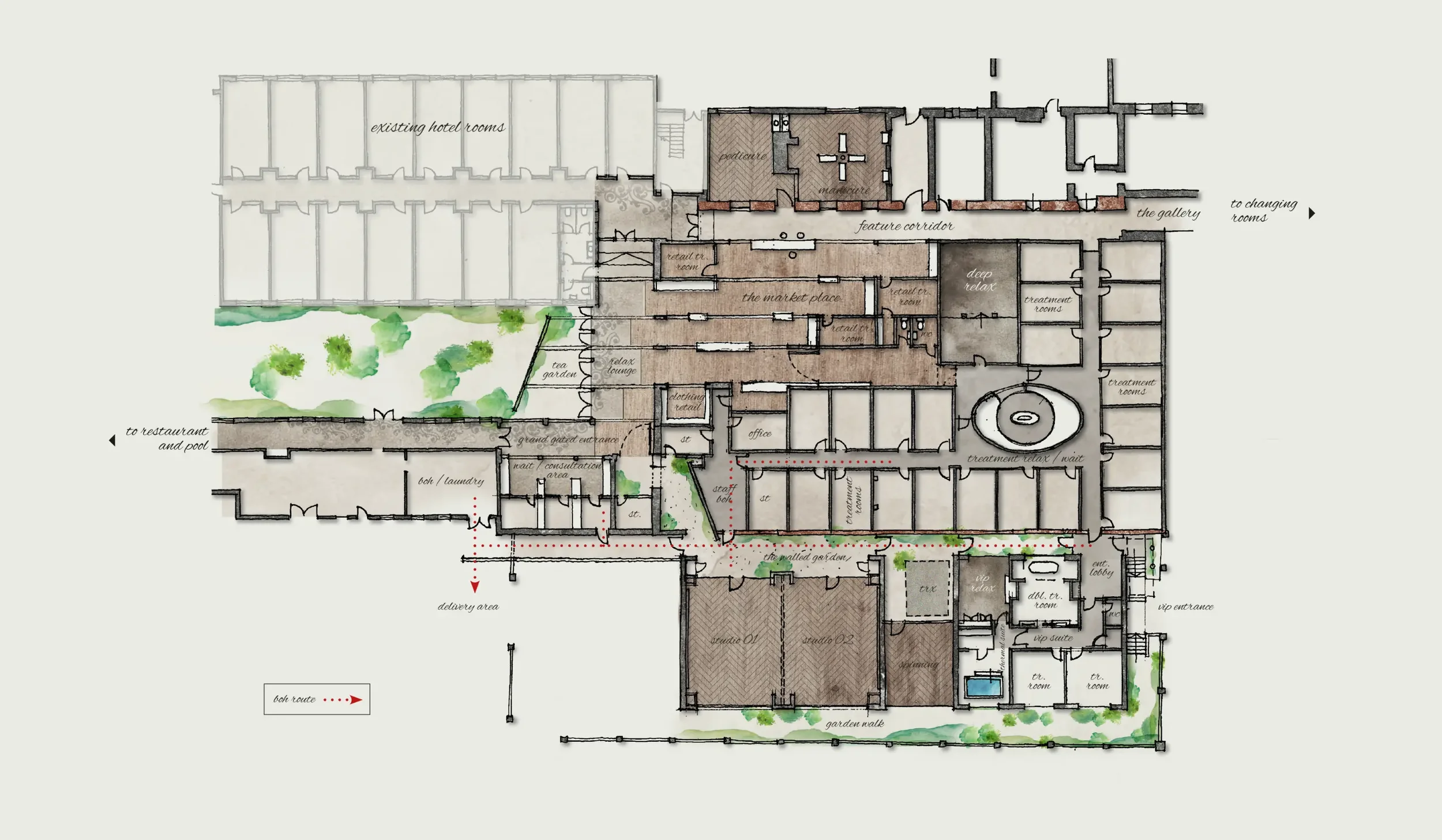 Spa space planning for treatment, relaxation, fitness and wellness areas at Champneys Henlow