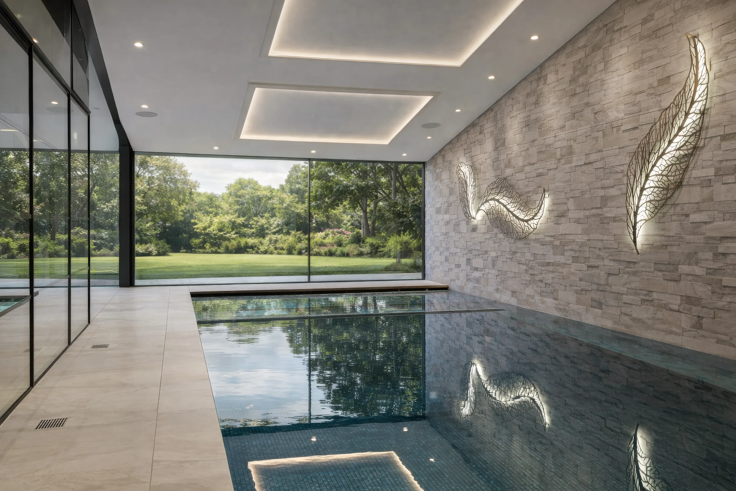 Luxury private indoor swimming pool in a New Forest residence, featuring a natural stone wall, bespoke illuminated leaf sculptures and floor-to-ceiling glazing overlooking landscaped gardens.