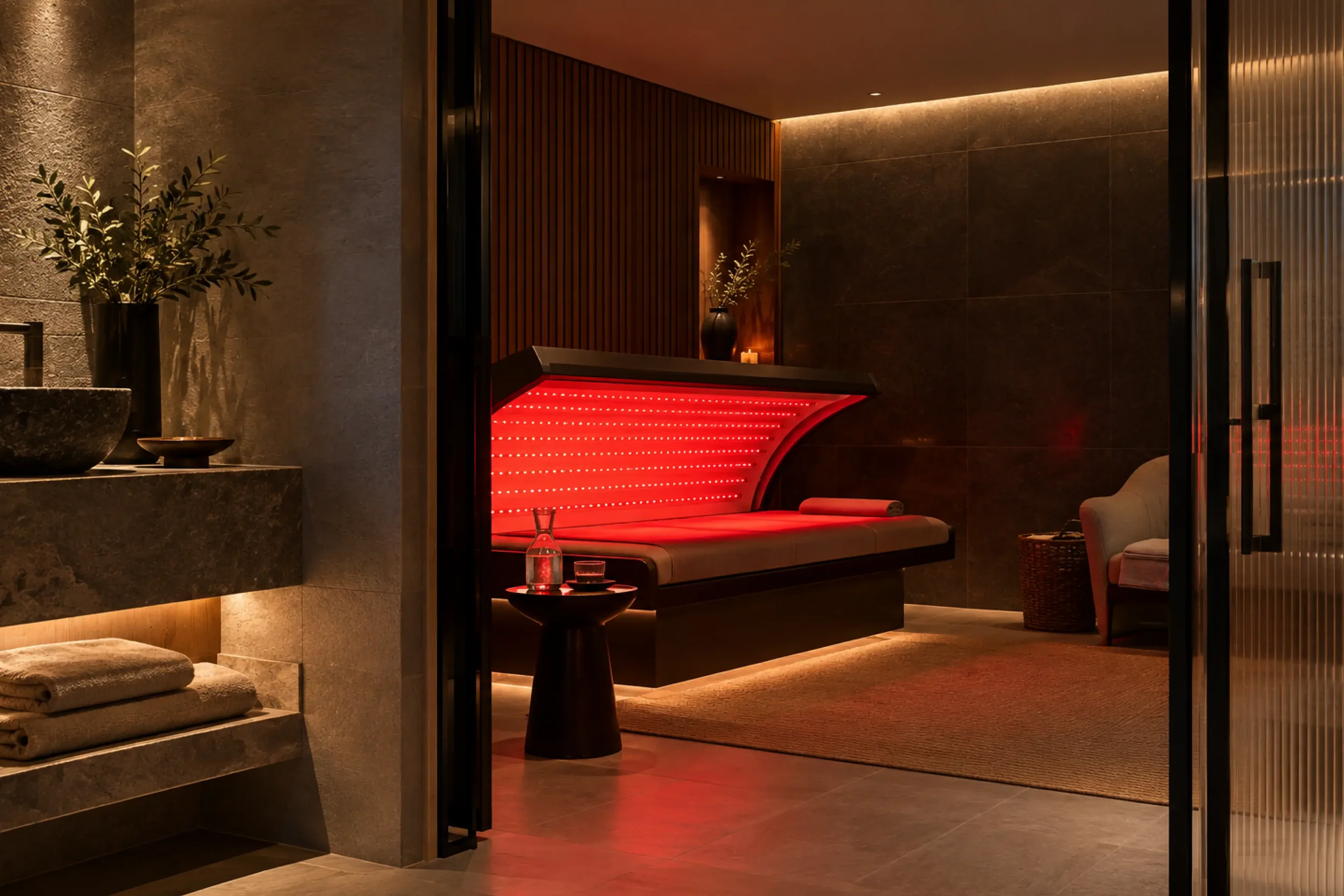 Concept visualisation of a contemporary spa recovery room featuring a red light therapy bed, warm stone finishes and atmospheric lighting.