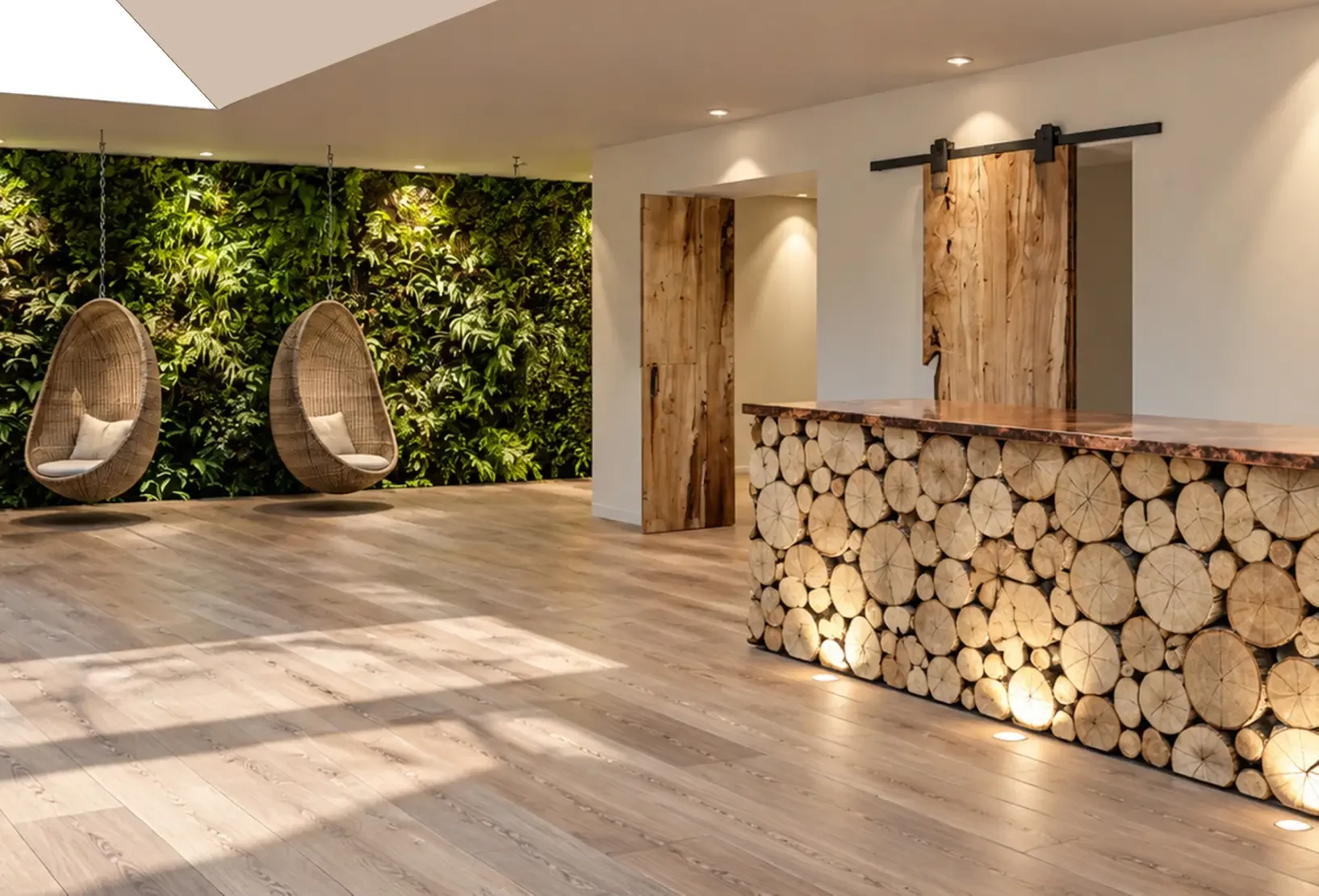 Concept visual for the Lower Mill Estate Spa reception with natural timber, planting and relaxed woven seating.