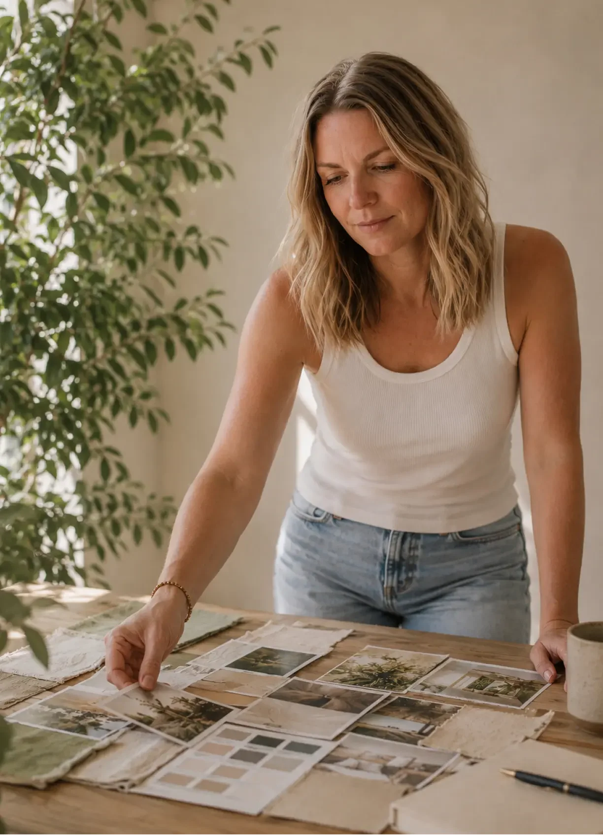 Caroline King of Butterscotch Design developing spa branding concepts and material mood boards, exploring colours, textures and creative direction.