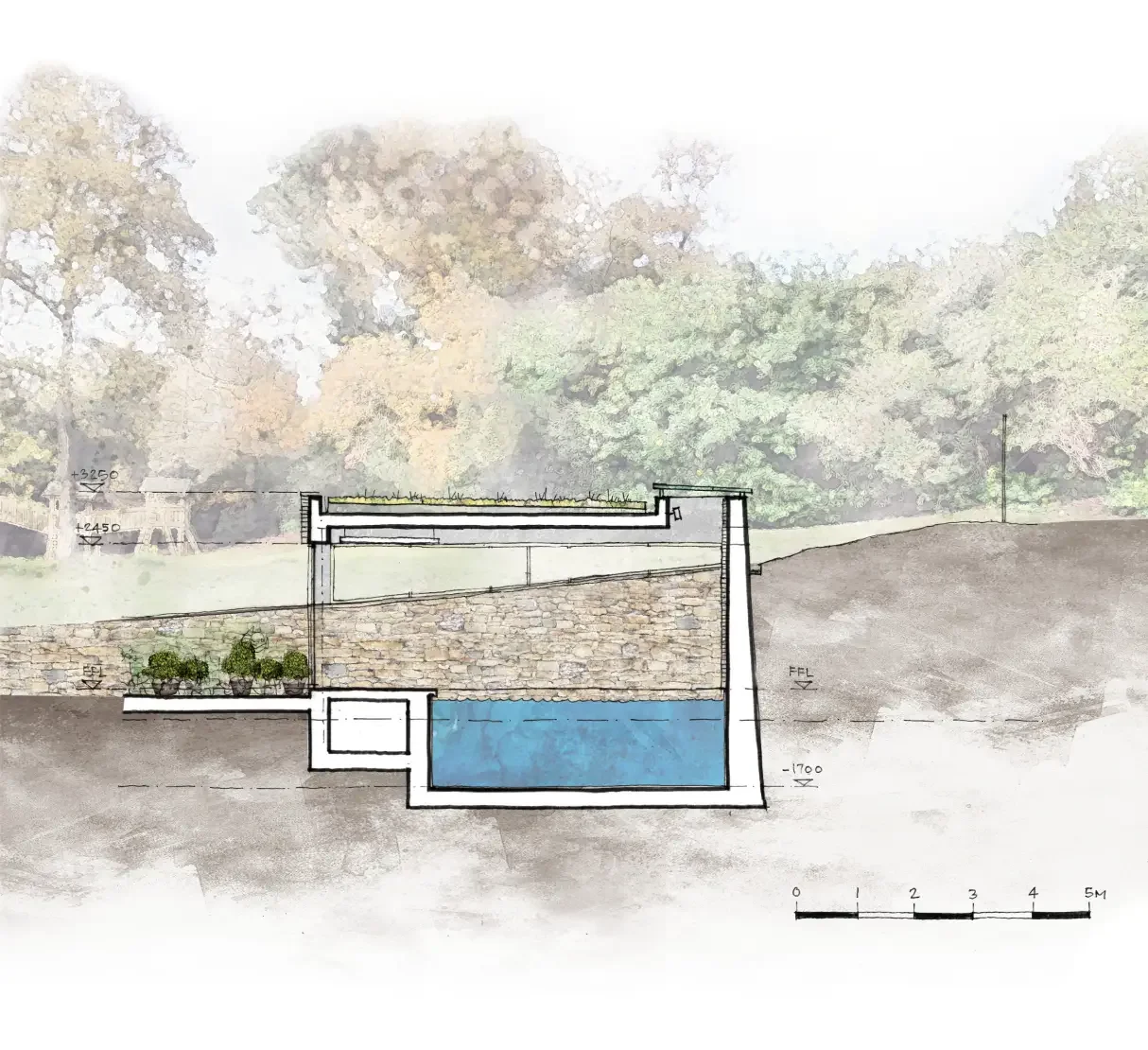 Architectural section through the residential swimming pool showing how the wellness building is integrated into the sloping landscape.