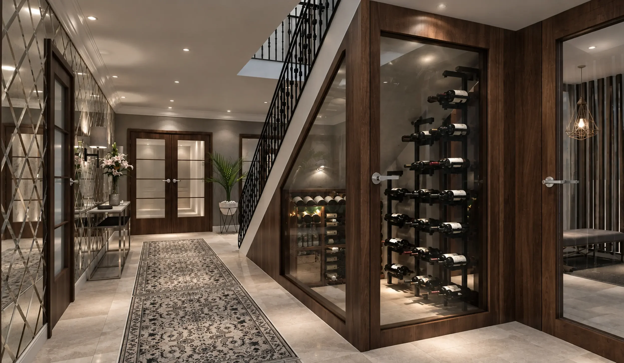 Luxury residential entrance hall with contemporary staircase, bespoke glass-fronted wine cellar, rich timber panelling and carefully detailed interior finishes.
