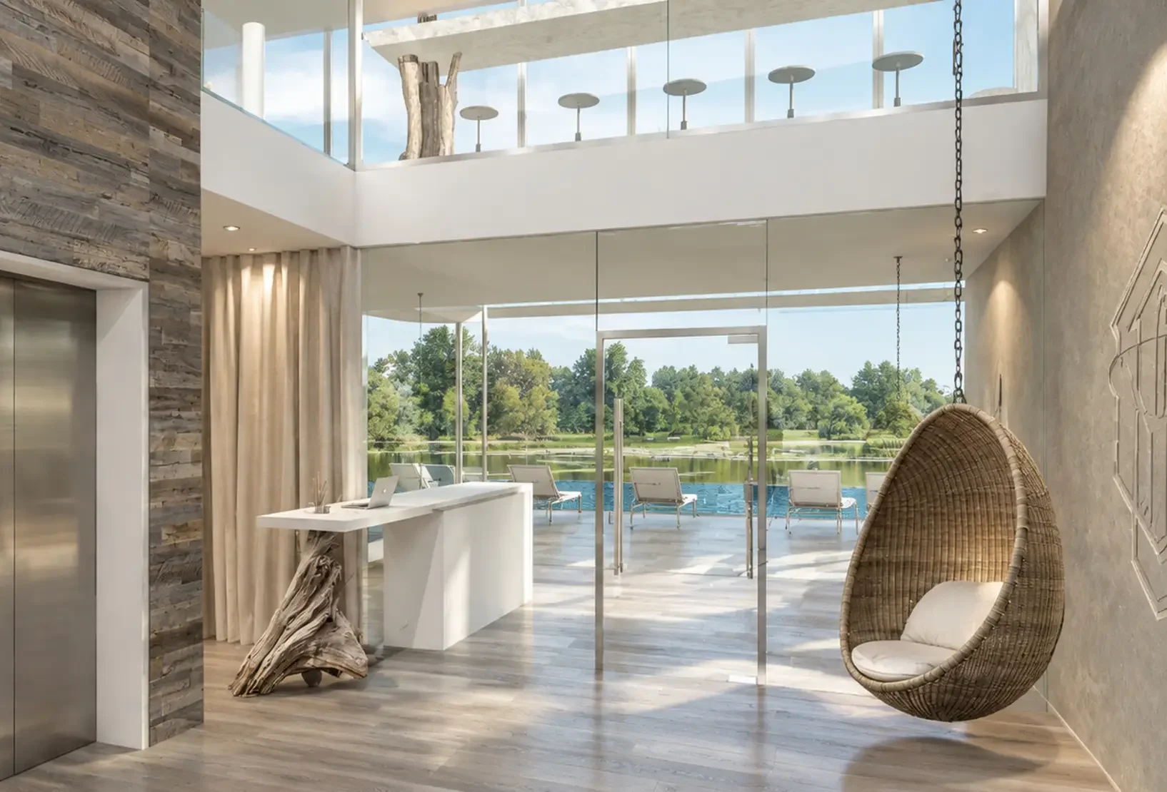 Silverlake Spa reception entrance with natural timber finishes, contemporary detailing and views towards the pool.