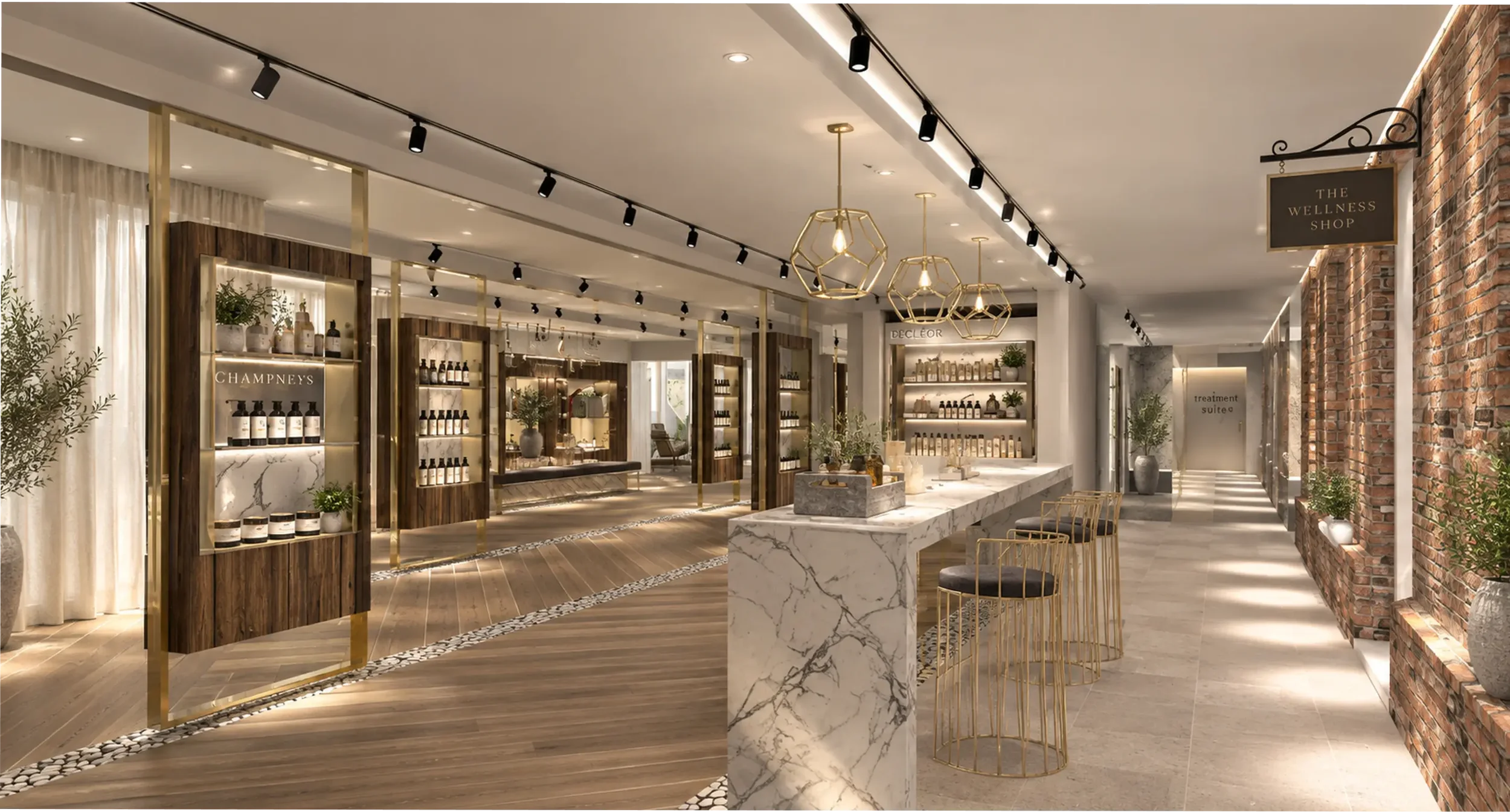 Wellness retail and guest arrival area designed for Champneys Henlow.