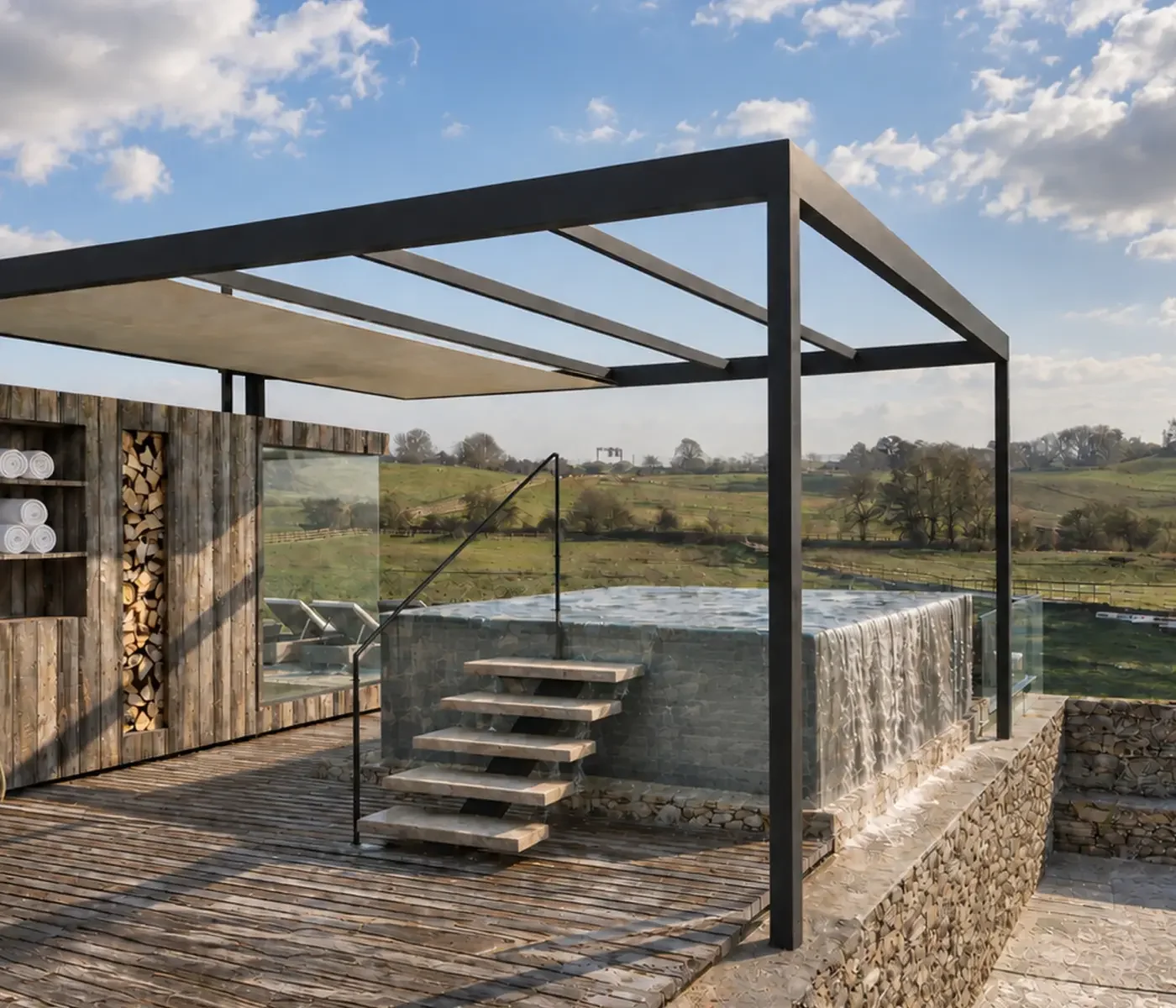 Homefield Grange concept for an outdoor hydropool, sauna and landscaped spa garden.